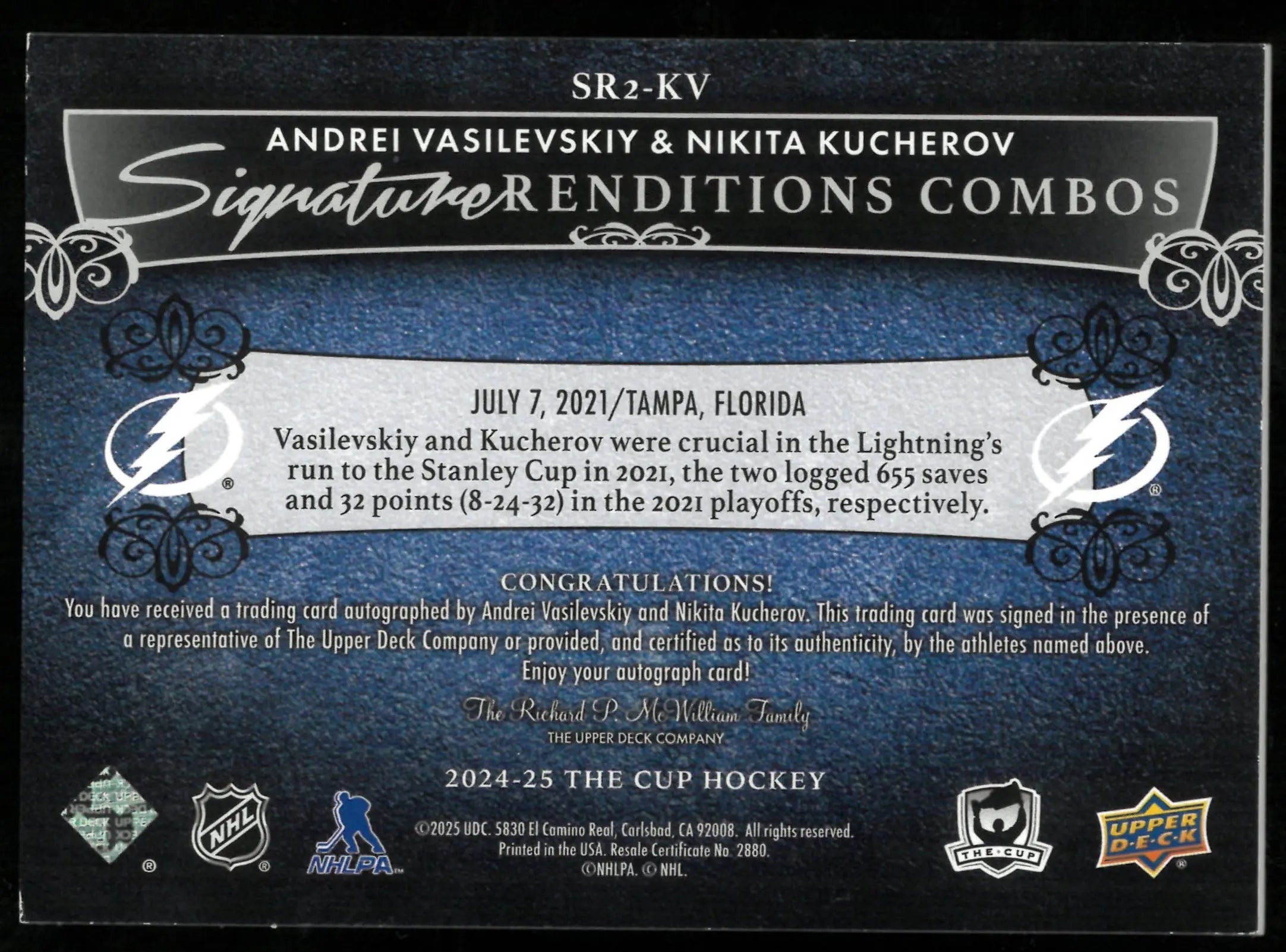 2024-25 The Cup Hockey Signature Renditions Combos Vasilevskiy Kucherov 