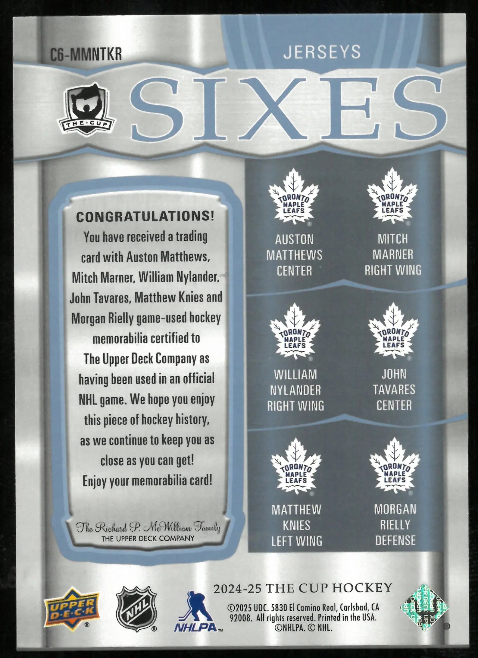2024-25 The Cup Hockey Sixes Jerseys Matthews Marner Nylander Rielly Tavares Knies /15 