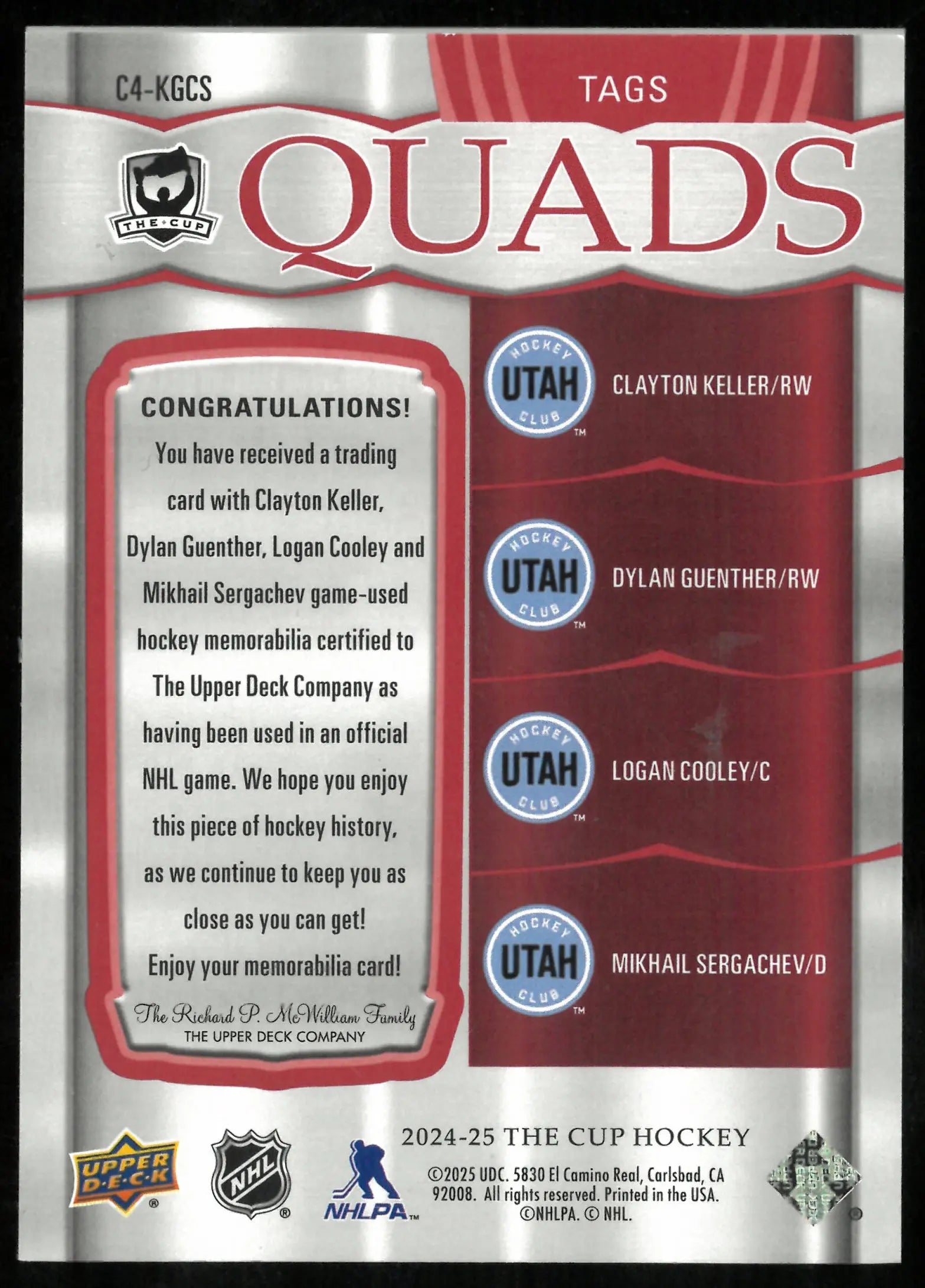 2024-25 The Cup Hockey Tags Quads Keller Guenther Cooley Sergachev /2 