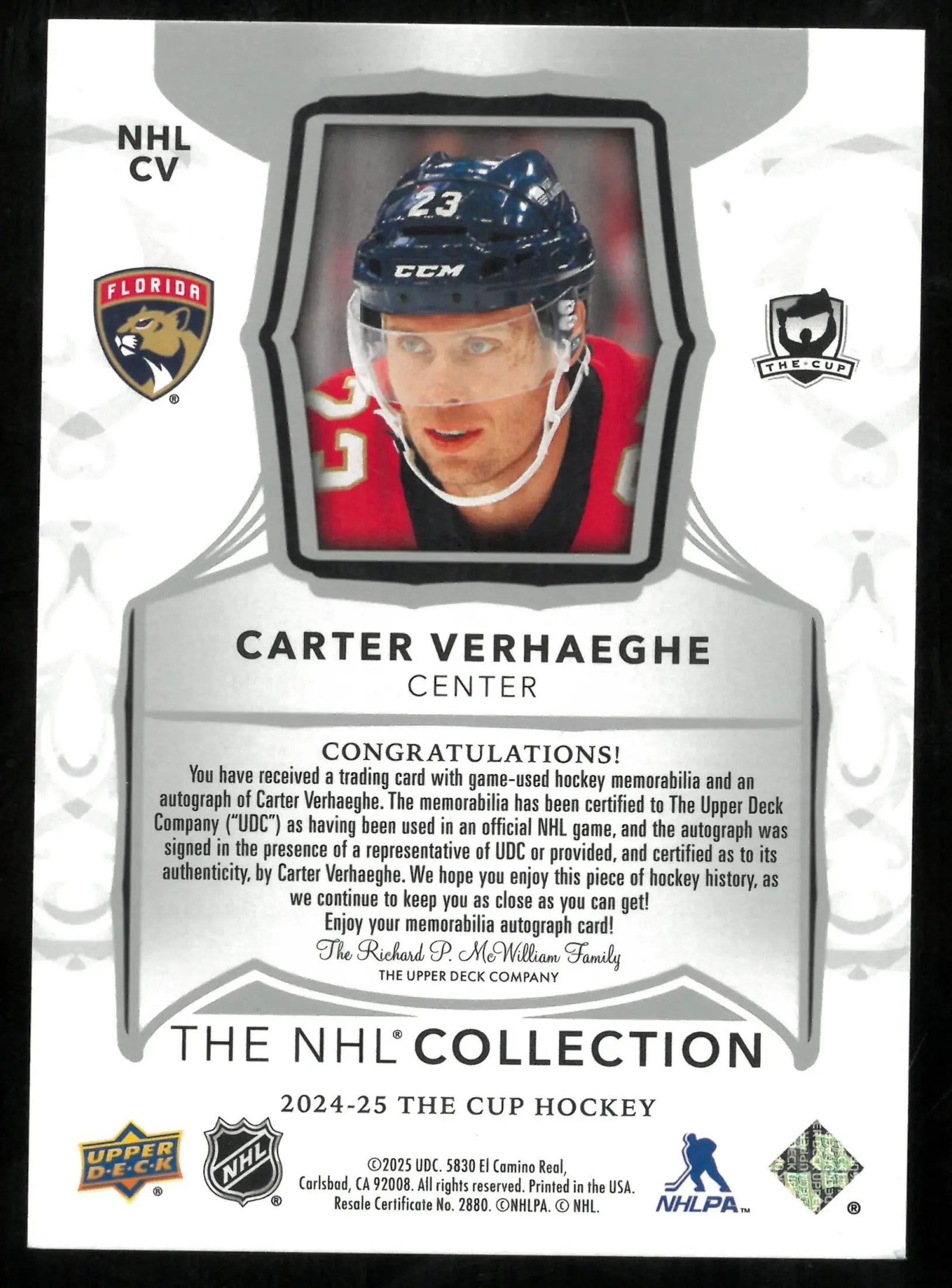 2024-25 The Cup Hockey The NHL Collection Patch Auto Carter Verhaeghe /25 