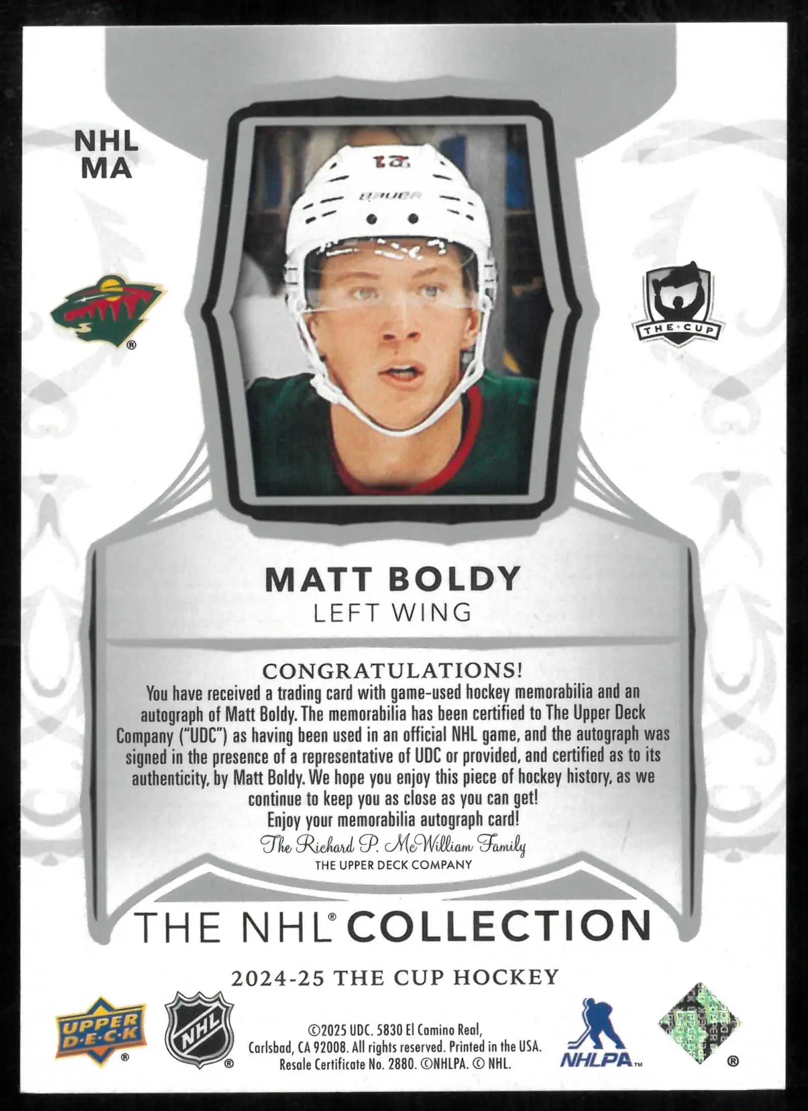 2024-25 The Cup Hockey The NHL Collection Patch Auto Matt Boldy /25 