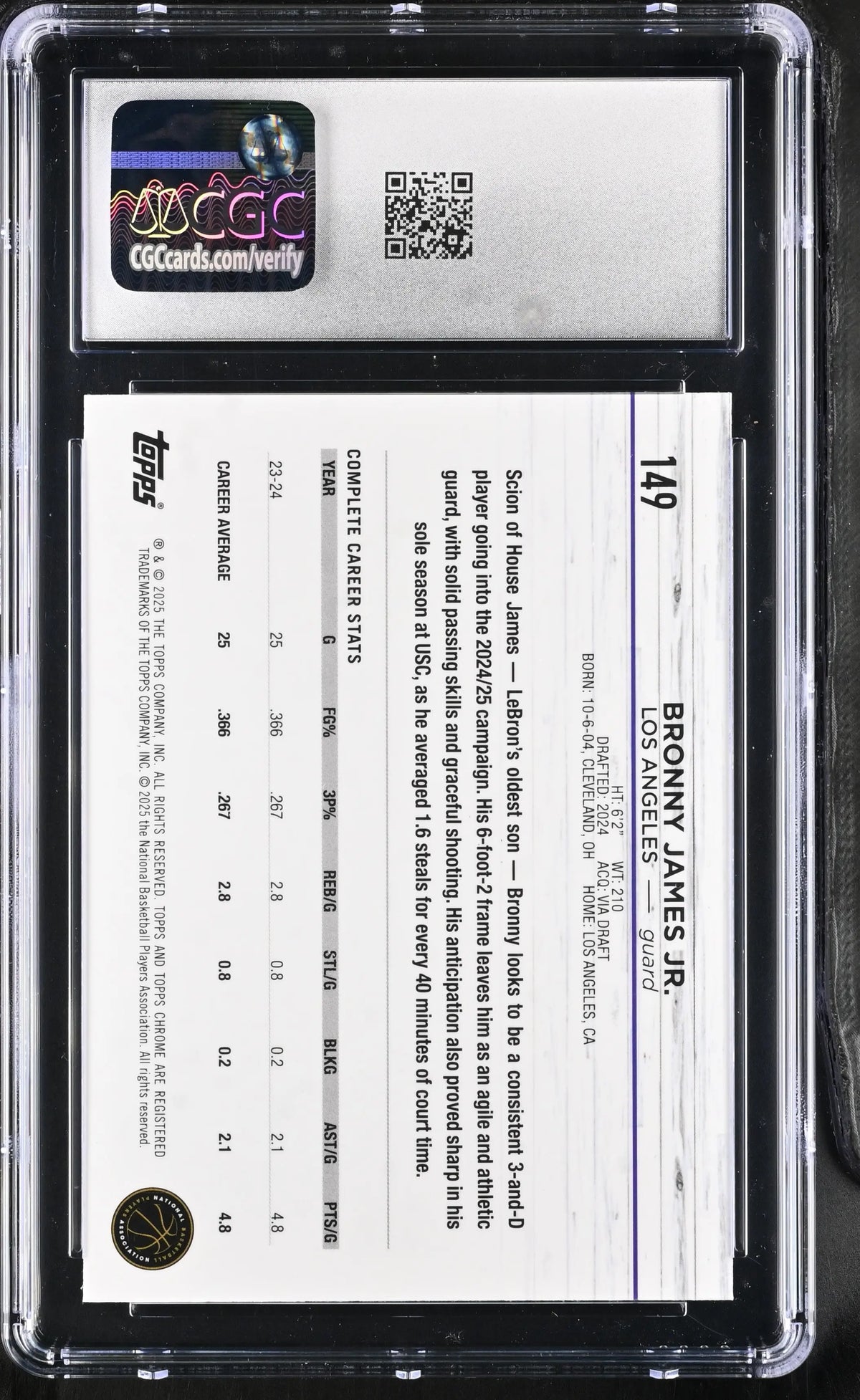 2024-25 Topps Chrome Sapphire Rookie Bronny James Jr. RC CGC 10 