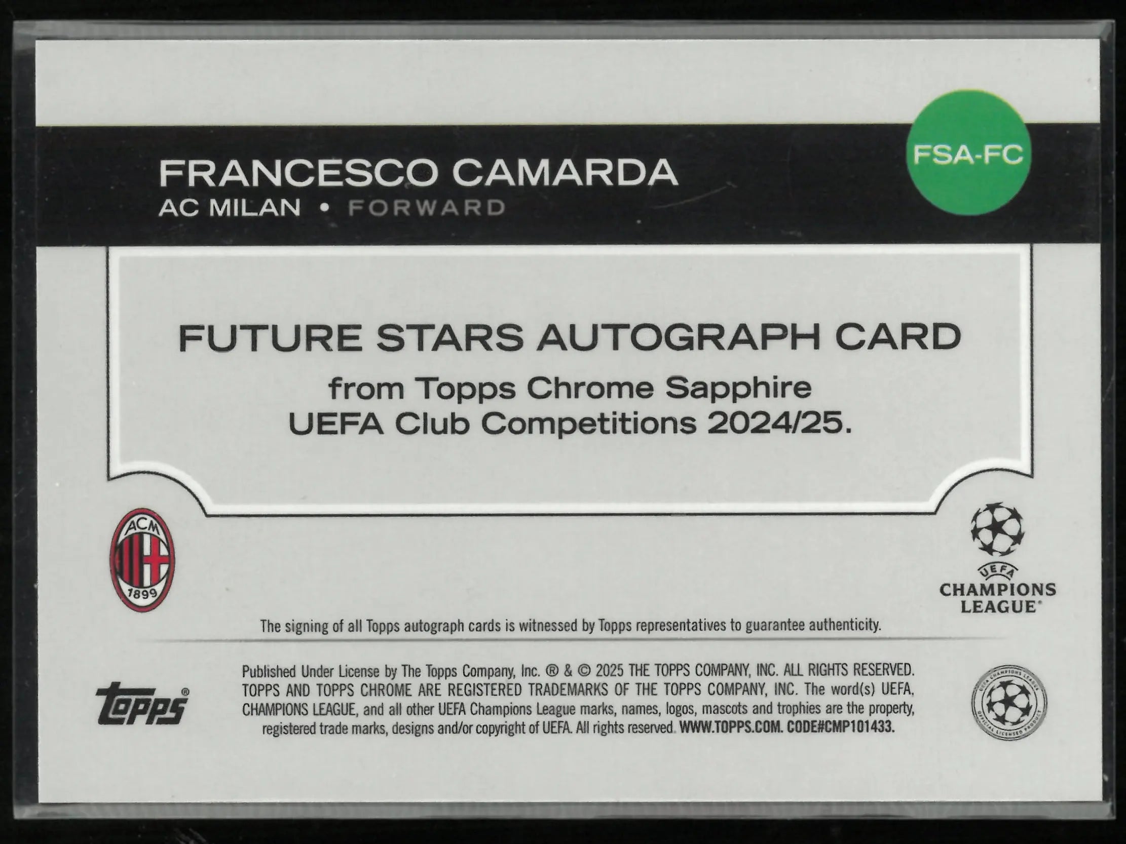 2024/25 Topps Chrome Sapphire UEFA Club Comp Future Stars Francesco Camarda Auto Green /99 