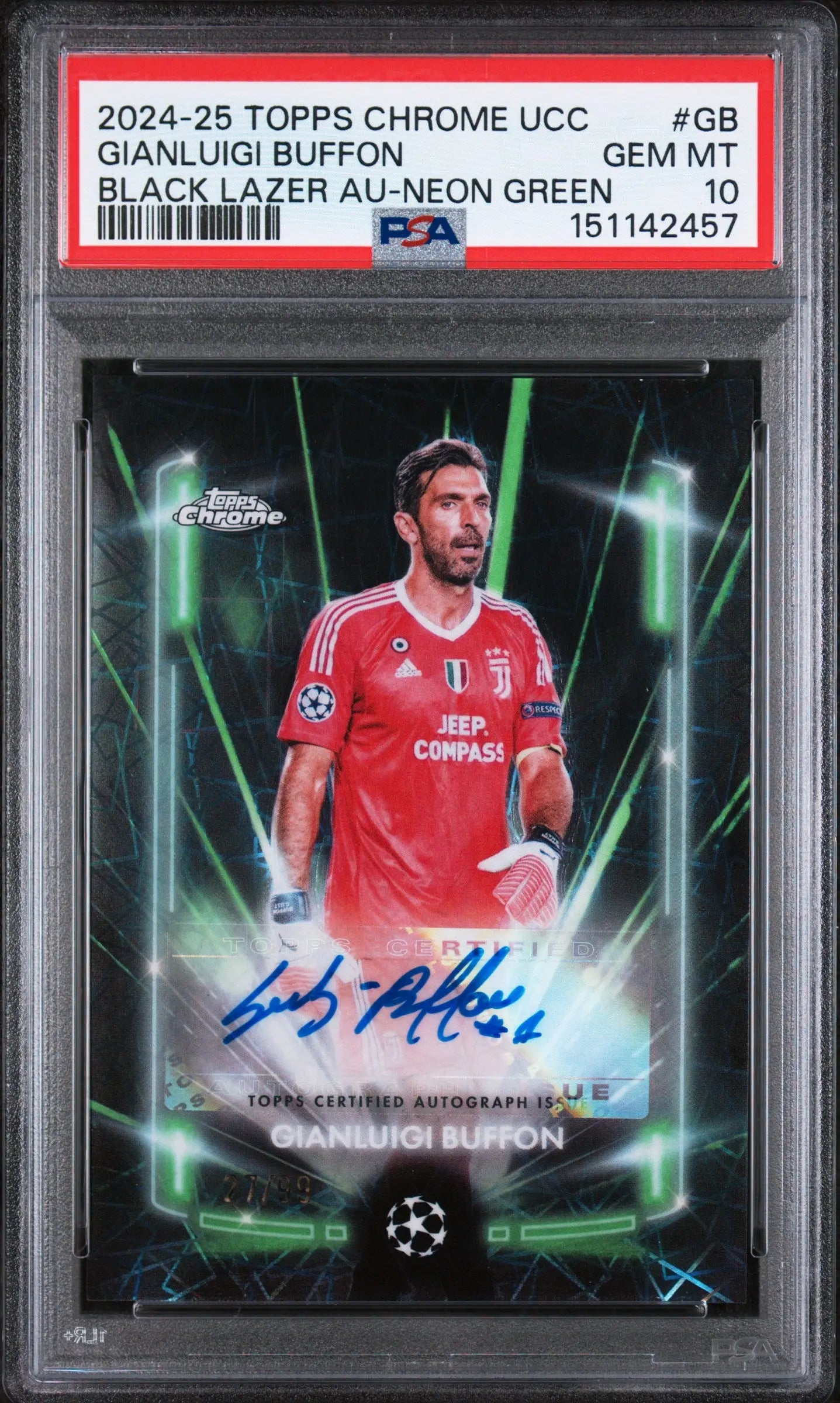 2024-25 Topps Chrome UCC Black Lazer Auto Gianluigi Buffon Neon Green /99 PSA 10 