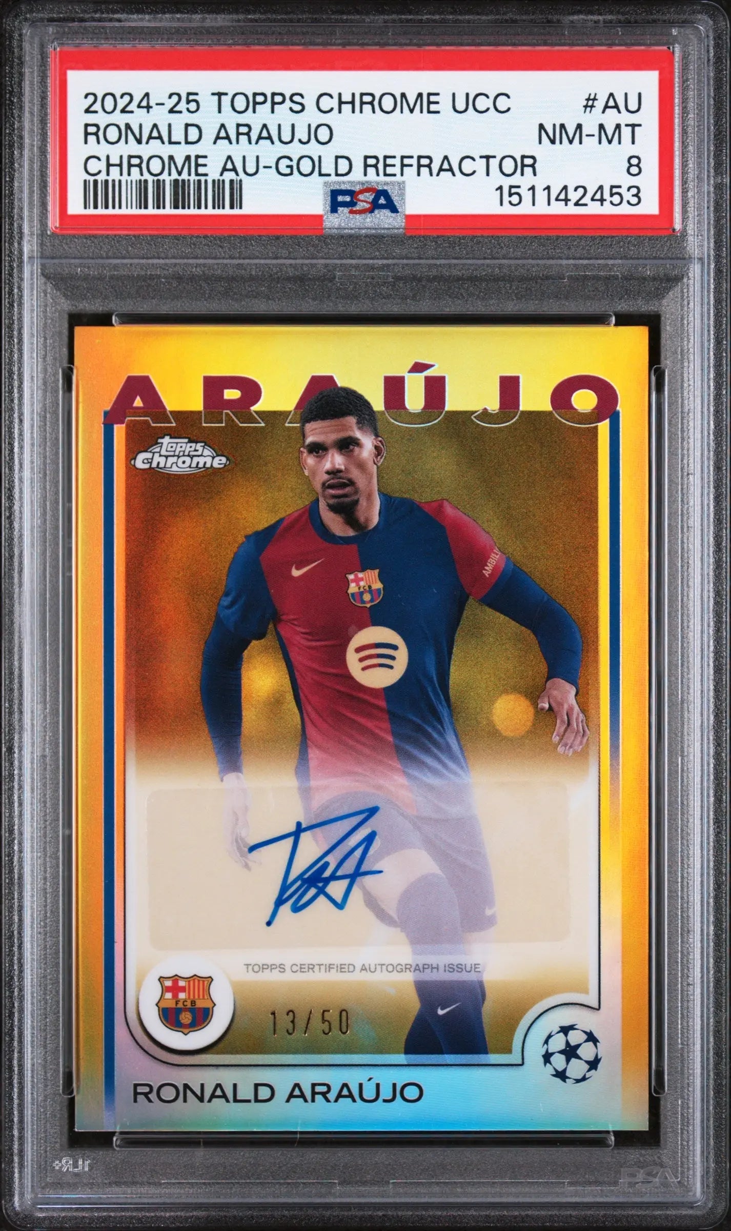 2024-25 Topps Chrome UCC Gold Refractor Chrome Auto Ronald Araujo #AU /50 PSA 8 