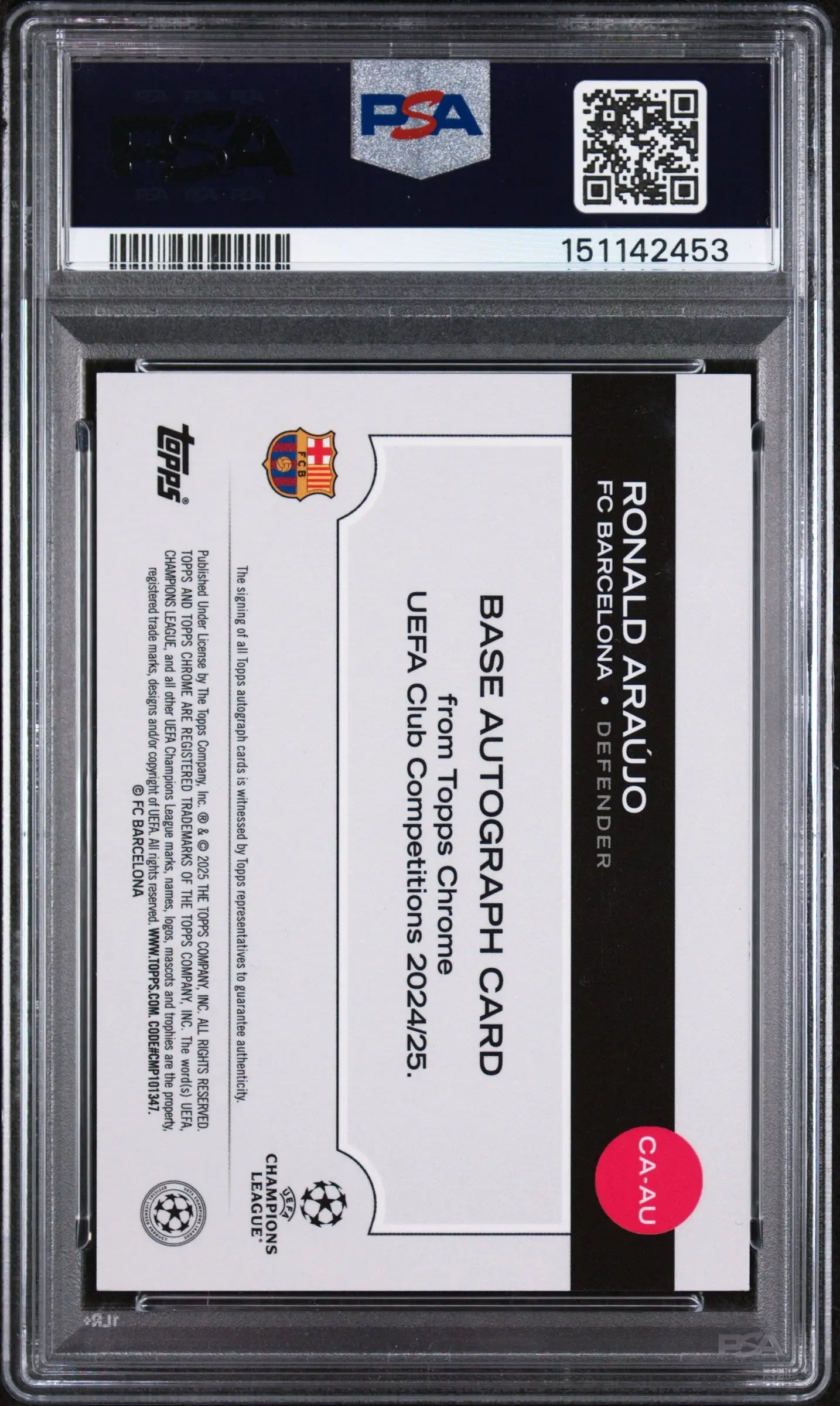 2024-25 Topps Chrome UCC Gold Refractor Chrome Auto Ronald Araujo #AU /50 PSA 8 
