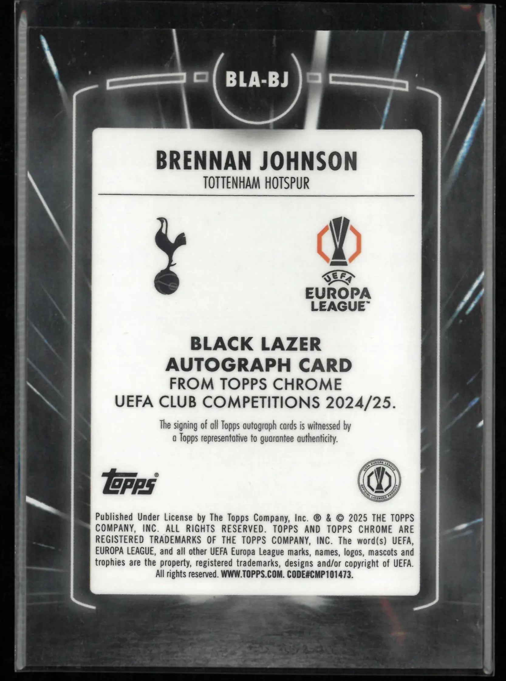2024/25 Topps Chrome UEFA Club Competitions Black Lazer Autograph Brennan Johnson /99 