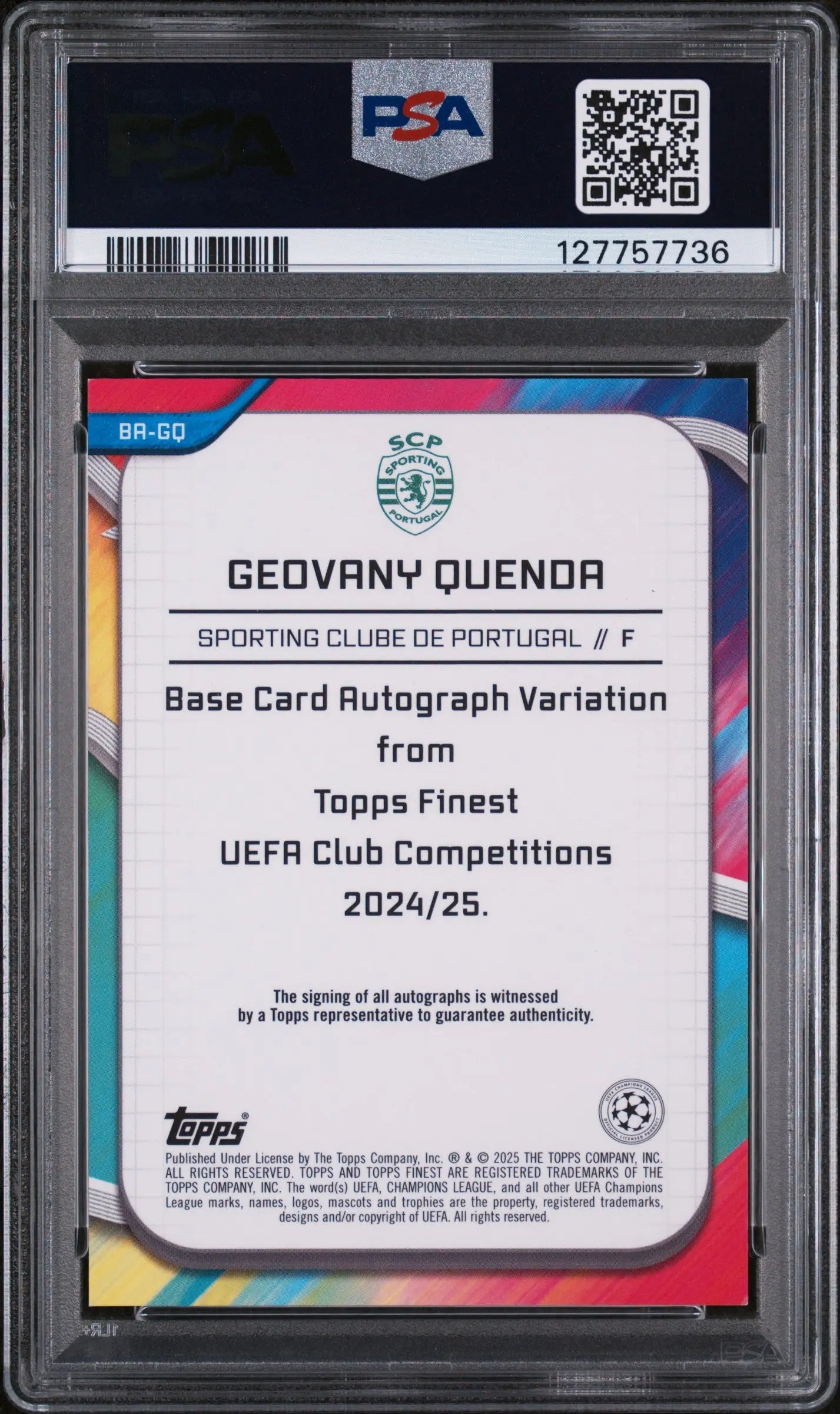 2024-25 Topps Finest UCC Auto Geovany Quenda Magenta Refractor PSA 8 /75 