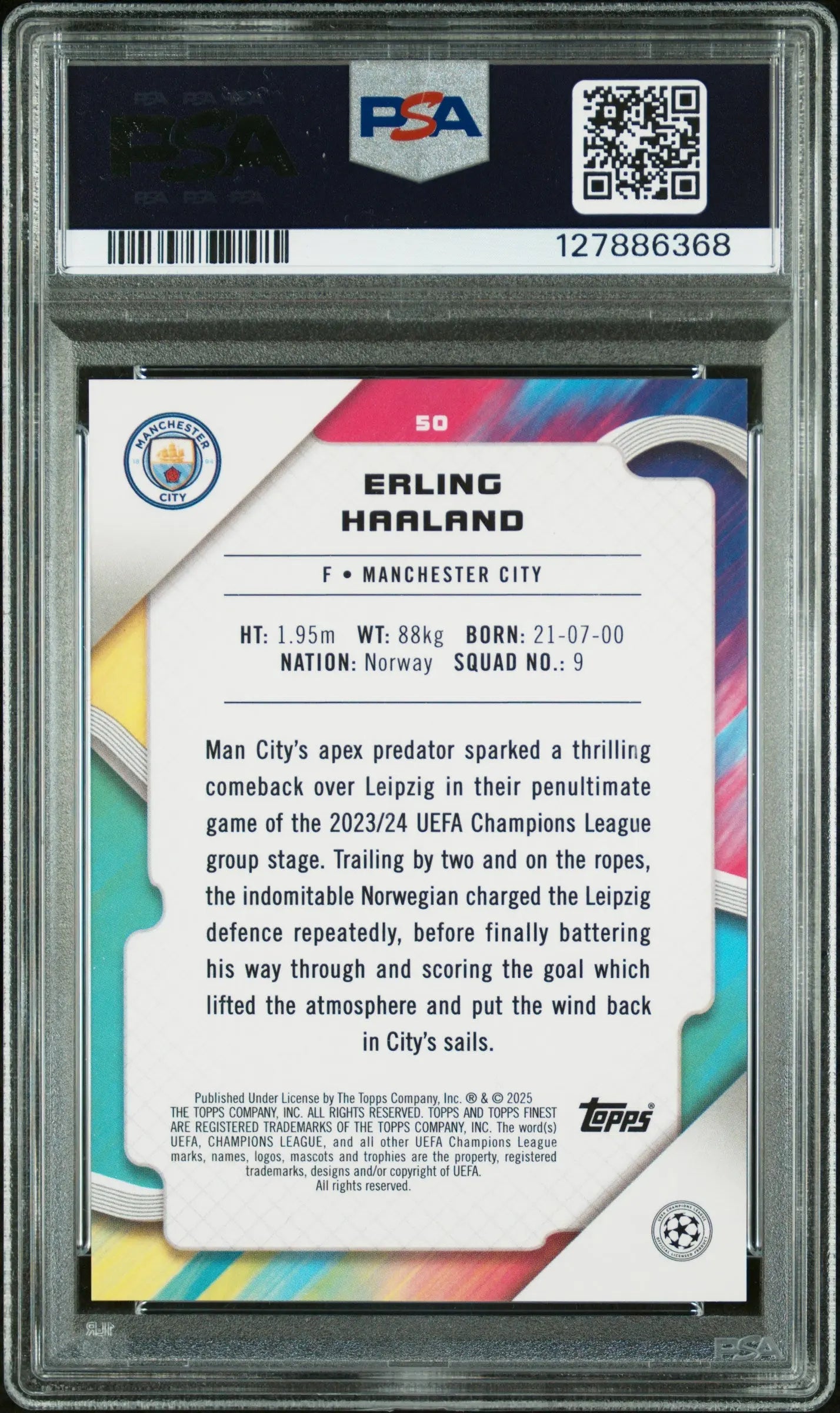 2024-25 Topps Finest UCC Erling Haaland Red Refractor PSA 10 /5 
