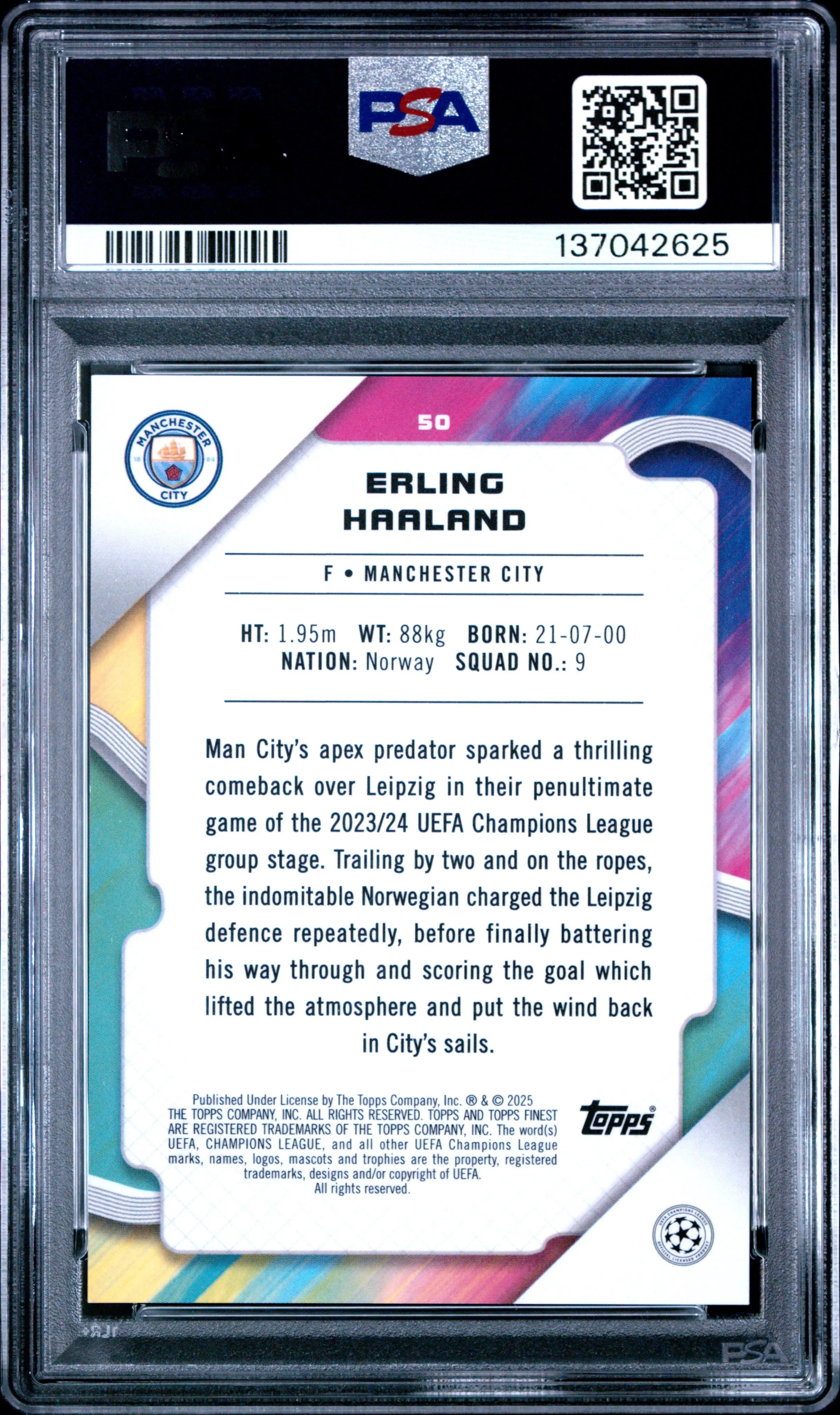 2024-25 Topps Finest UCC Erling Haaland  Rose Gold Mini Diamond PSA 10 /50 
