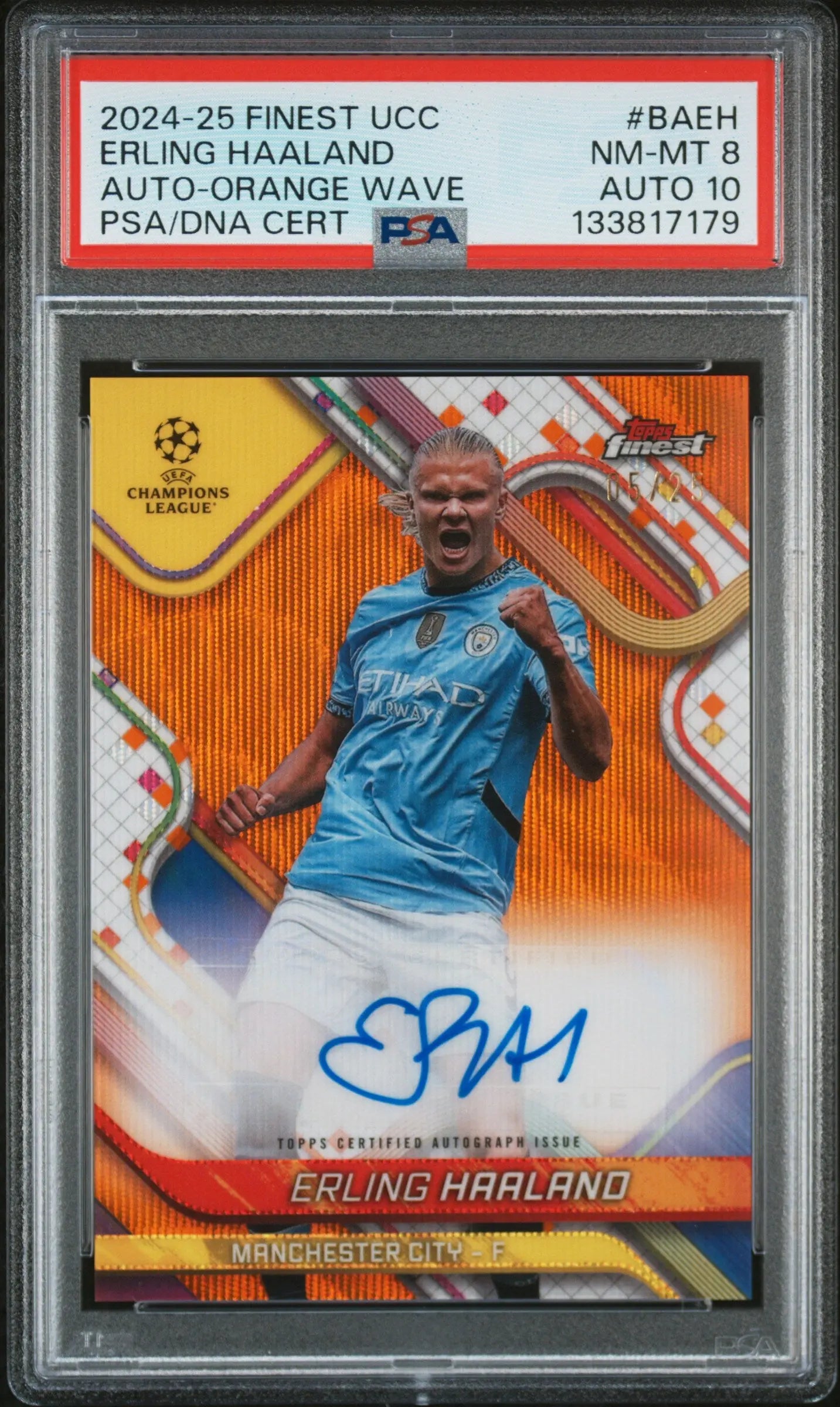 2024-25 Topps Finest UCC Orange Wave Auto Erling Haaland /25 PSA 8 Auto 10 