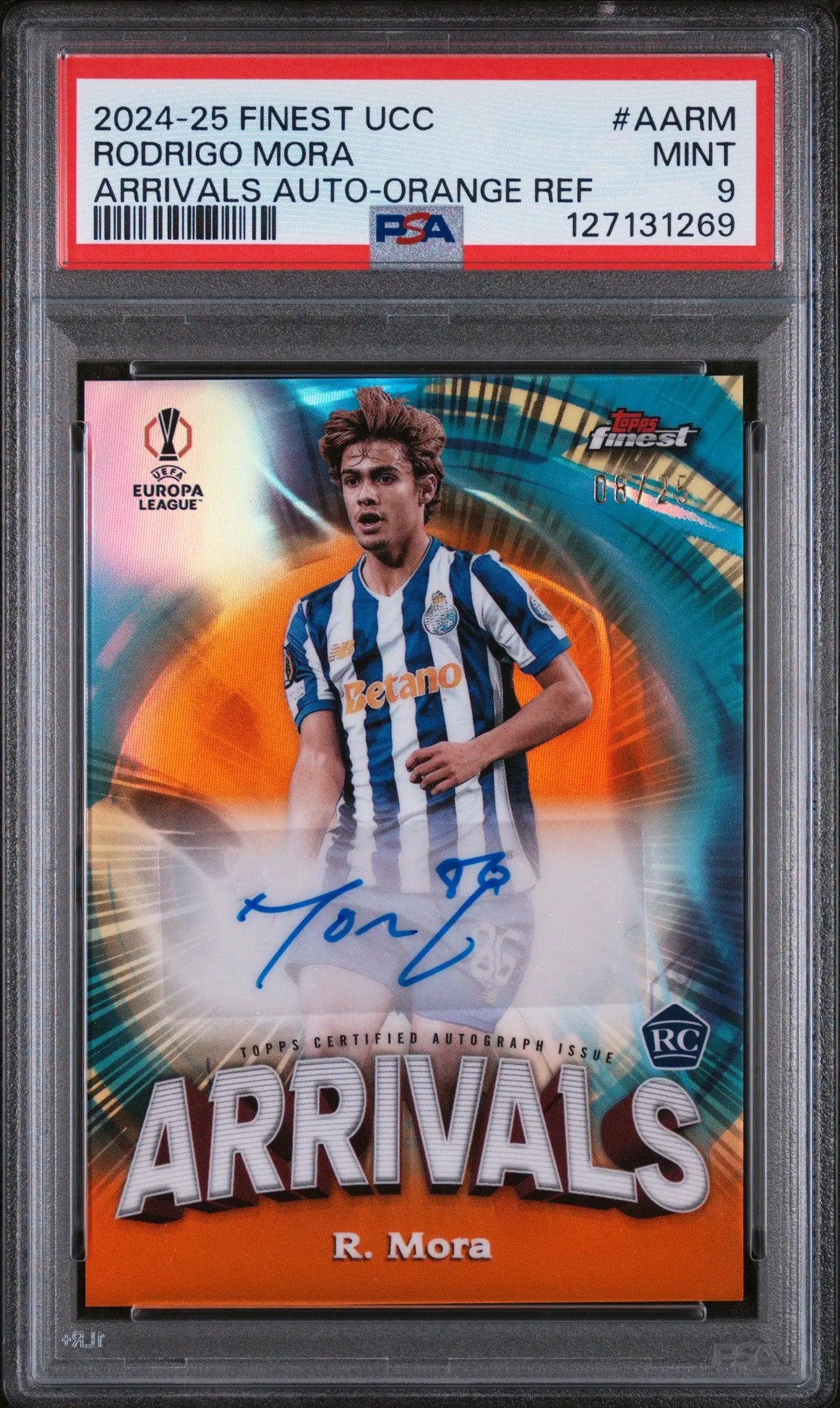 2024-25 Topps Finest UEFA CC Arrivals Rookie Auto Rodrigo Mora Orange Ref PSA 9 