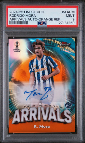 2024-25 Topps Finest UEFA CC Arrivals Rookie Auto Rodrigo Mora Orange Ref PSA 9 