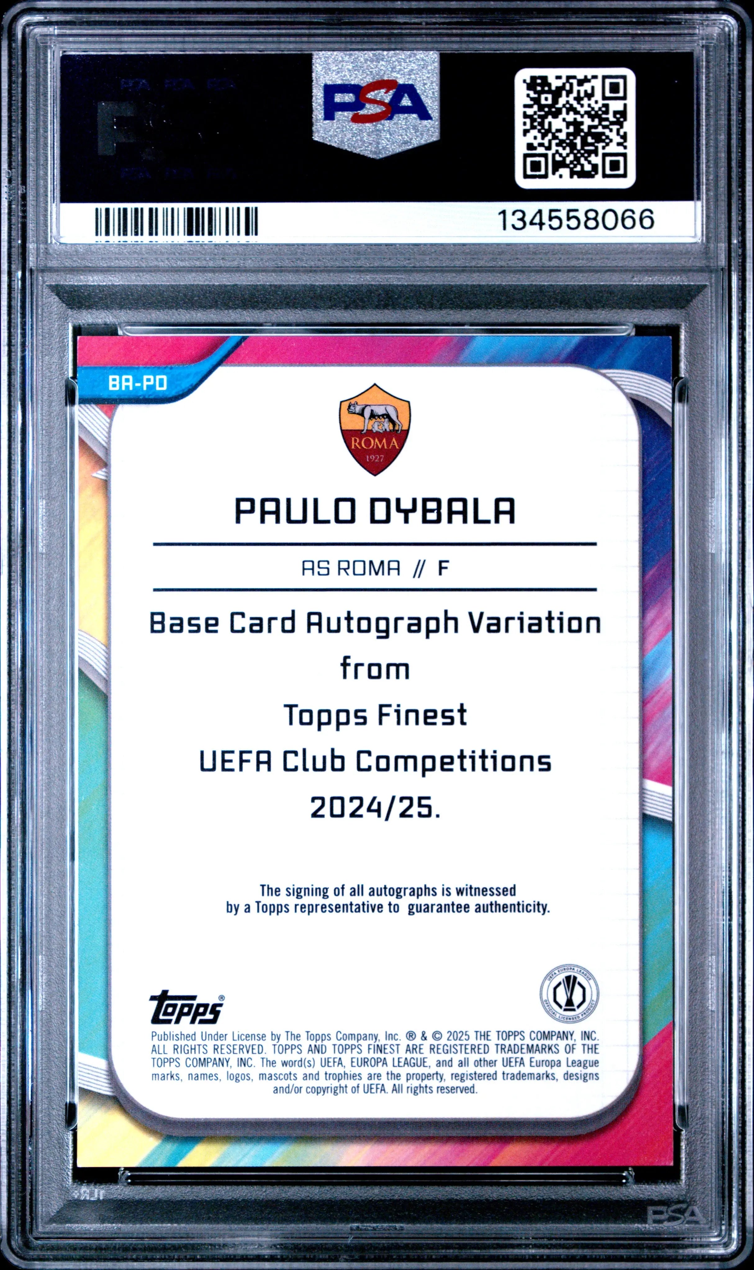 2024-25 Topps Finest UEFA Club Competitions Auto Paulo Dybala Gold Ref /50 PSA 9 