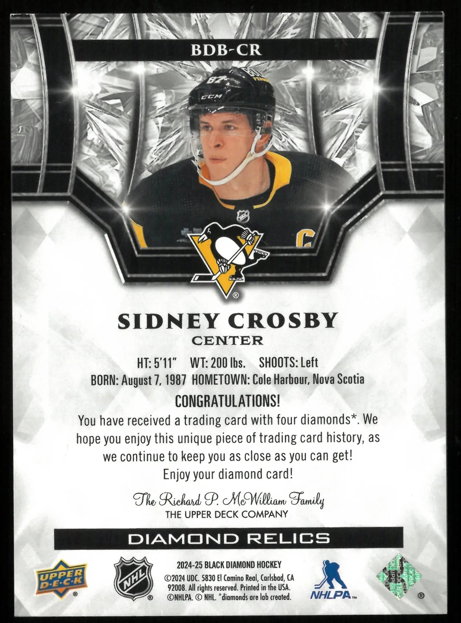 2024-25 UD Black Diamond Hockey Sidney Crosby Quad Diamond Relics /5 