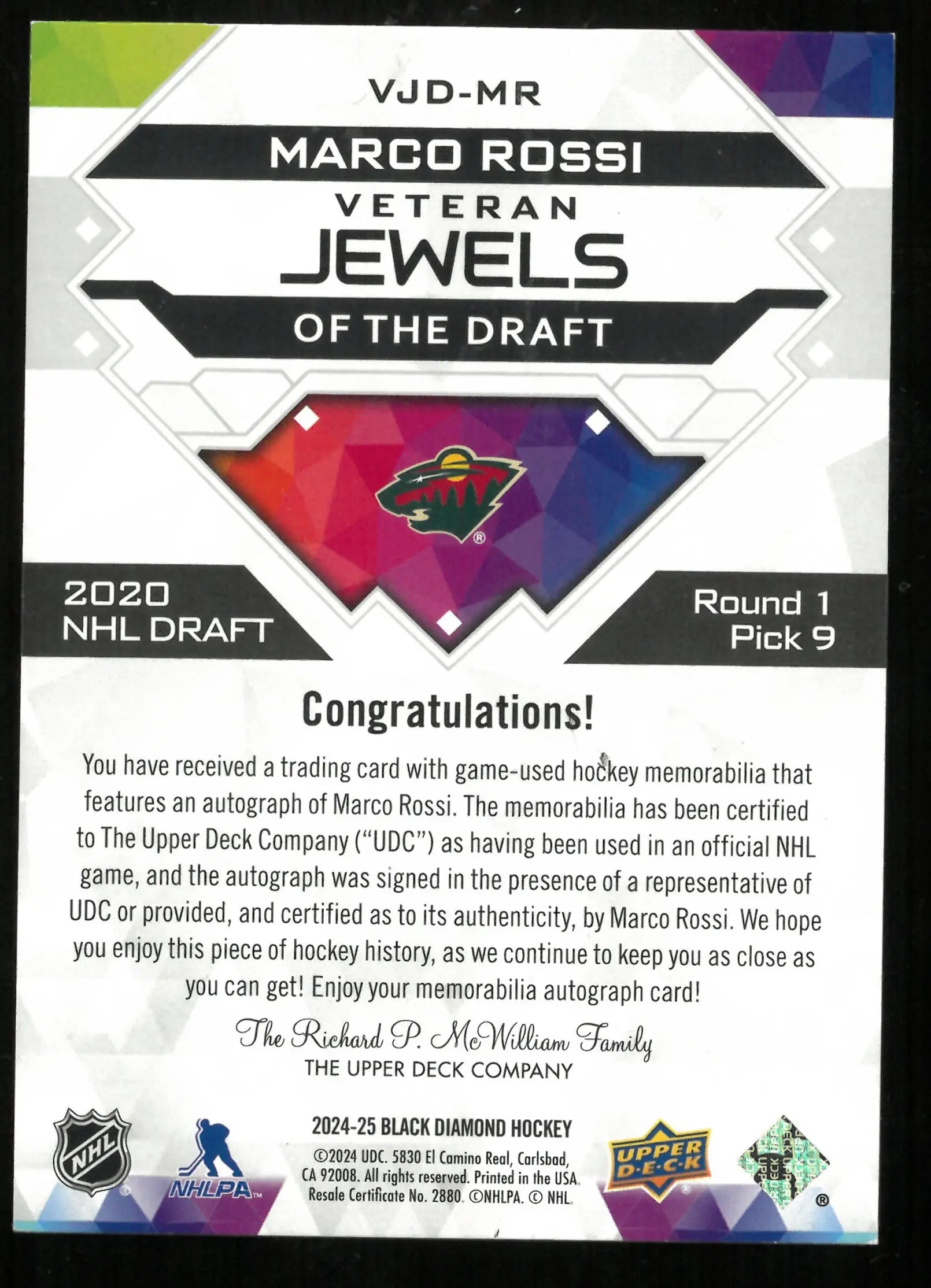 2024-25 UD Black Diamond Marco Rossi Veteran Jewels Of The Draft Patch Auto 1/1 