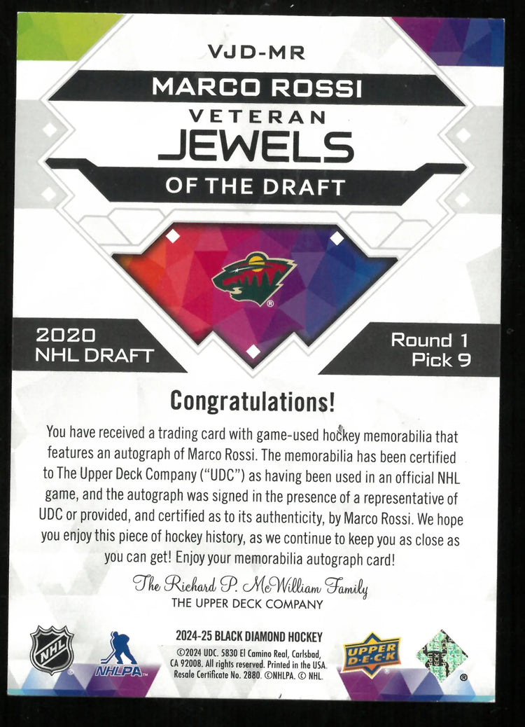 2024-25 UD Black Diamond Marco Rossi Veteran Jewels Of The Draft Patch Auto 1/1 