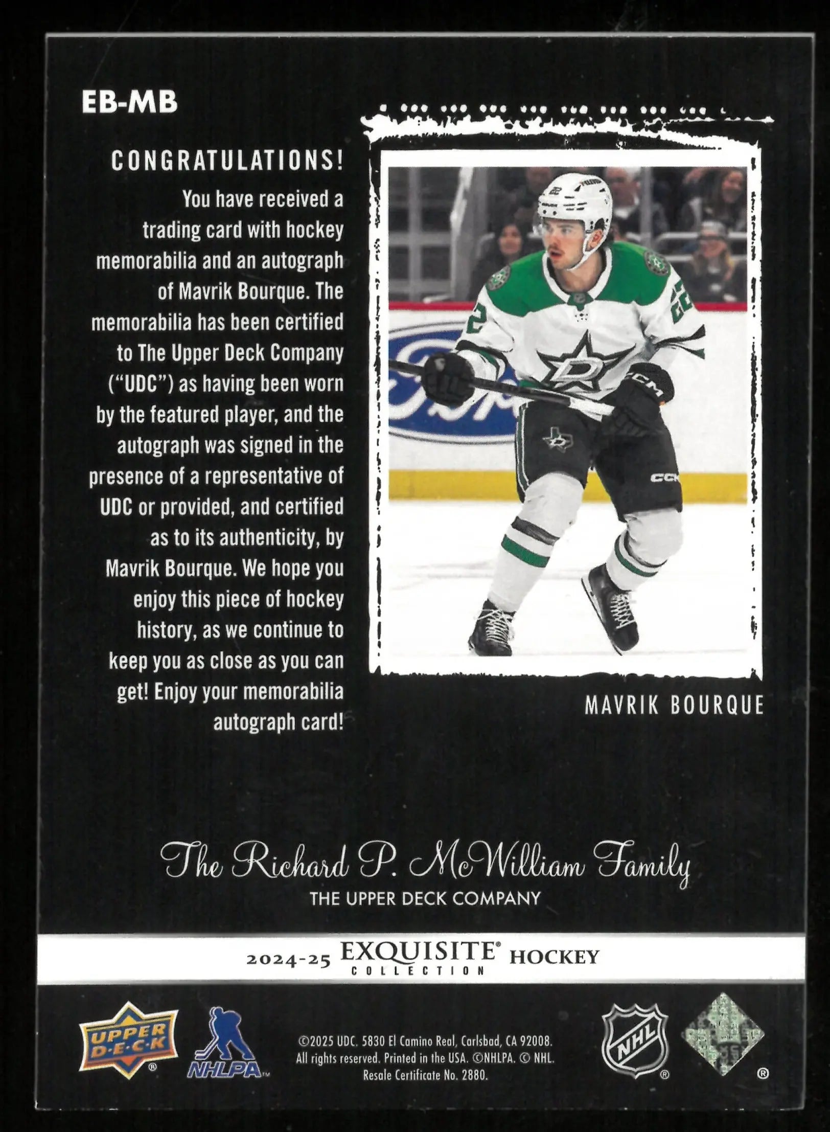 2024-25 UD Exquisite Hockey Mavrik Bourque RC Rookie Patch Auto /25 