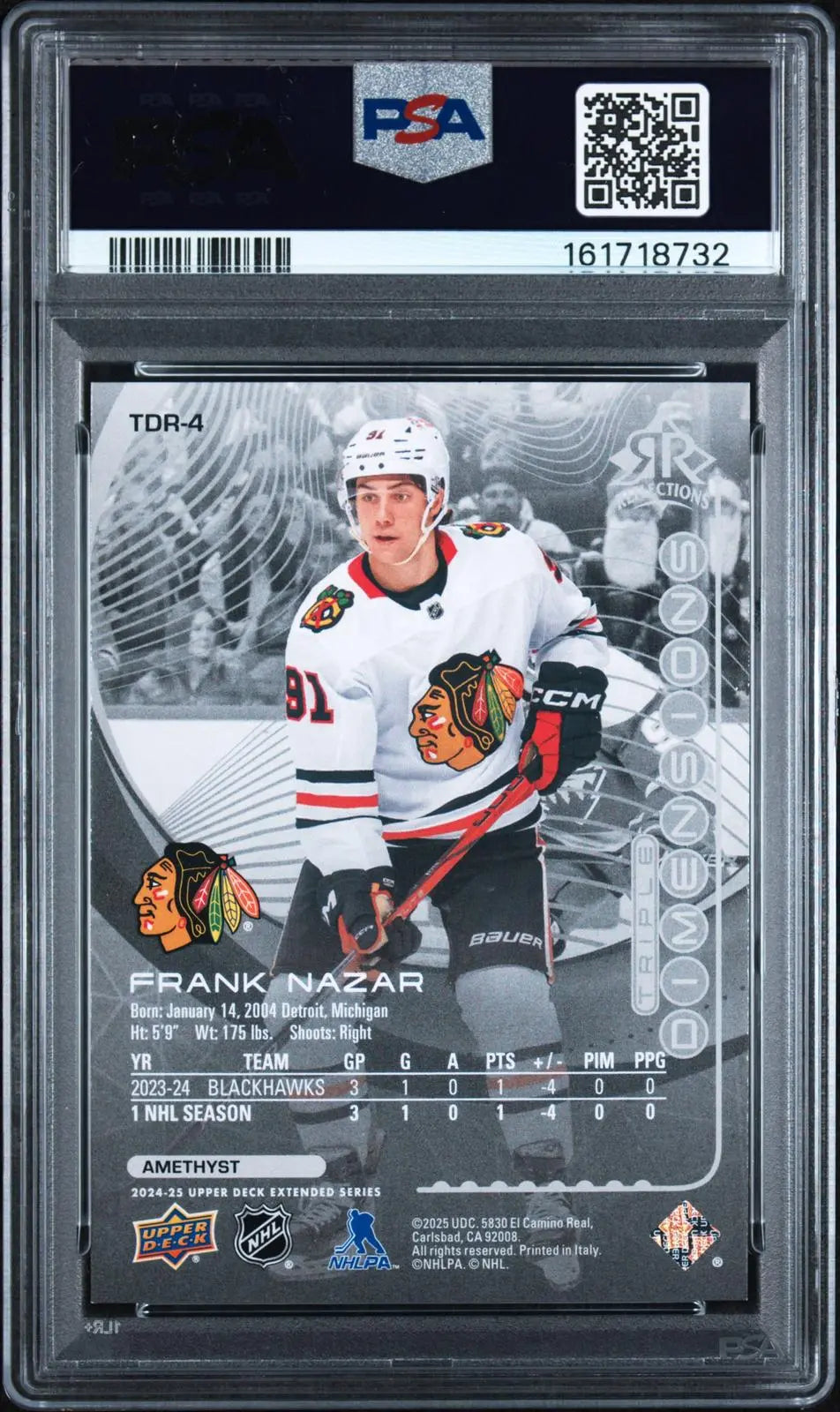 2024-25 UD Extended Series Dimensions Reflections Frank Nazar Amethyst PSA 9 