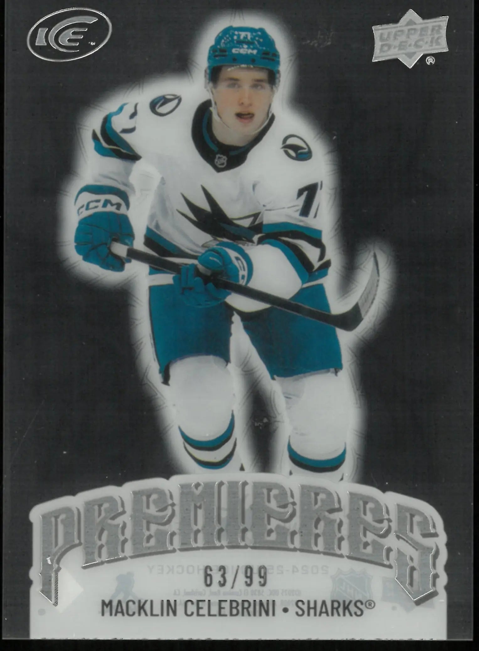 2024-25 UD Ice Hockey Macklin Celebrini RC Rookie Premiers Clear Cut /99 
