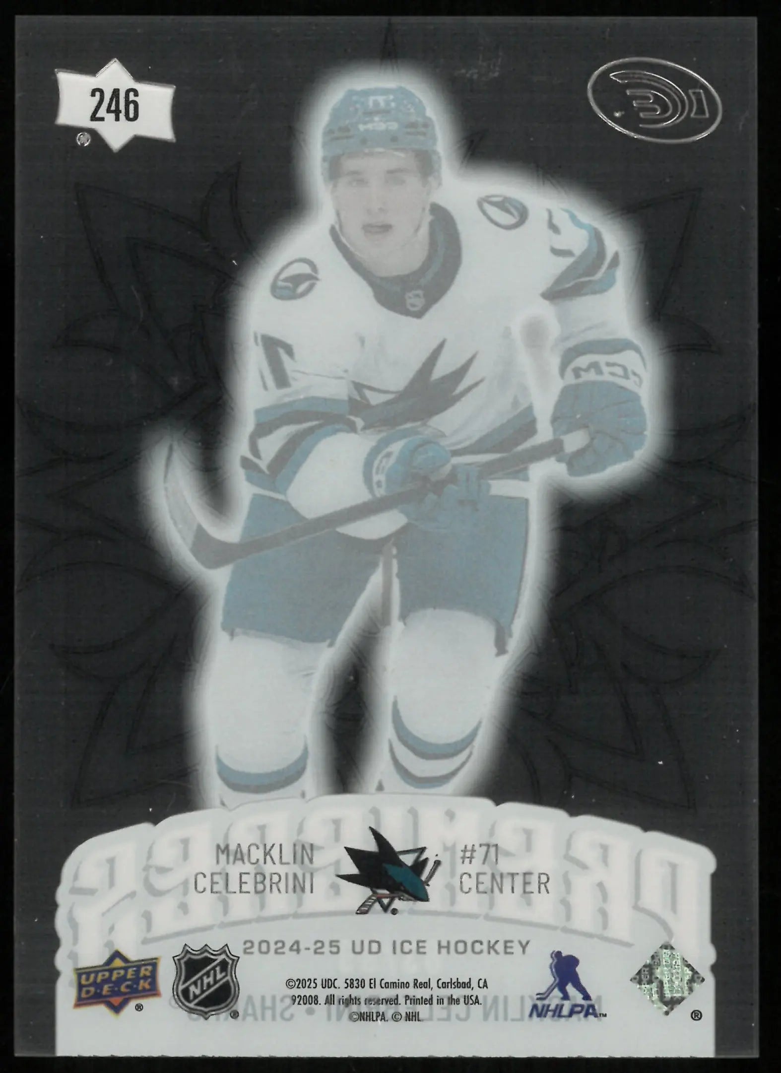 2024-25 UD Ice Hockey Macklin Celebrini RC Rookie Premiers Clear Cut /99 
