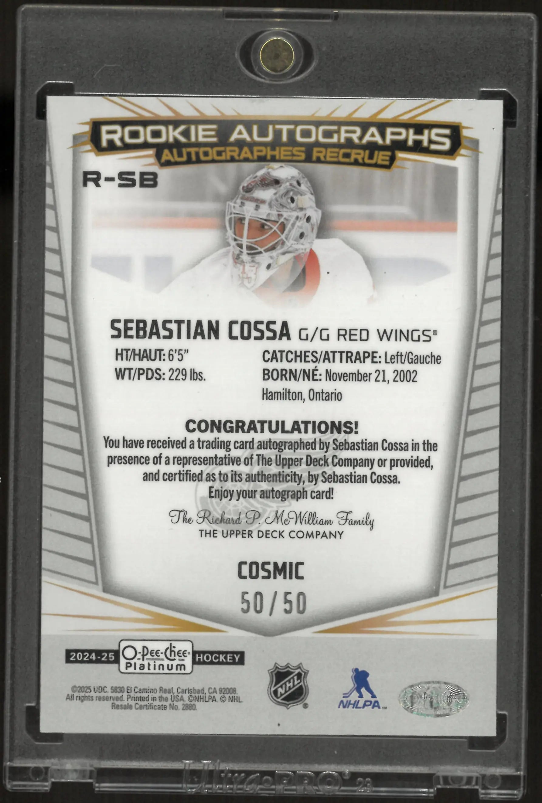 2024-25 UD O-Pee-Chee Platnium Rookie Autographs Sebastian Cossa Auto RC /50 