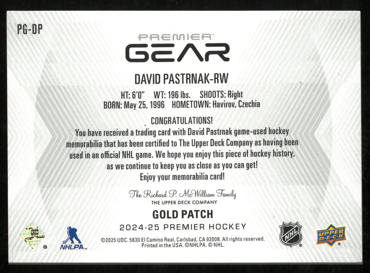 2024-25 UD Premier Gear David Pastrnak 10/10 Cinq tuple Patch 