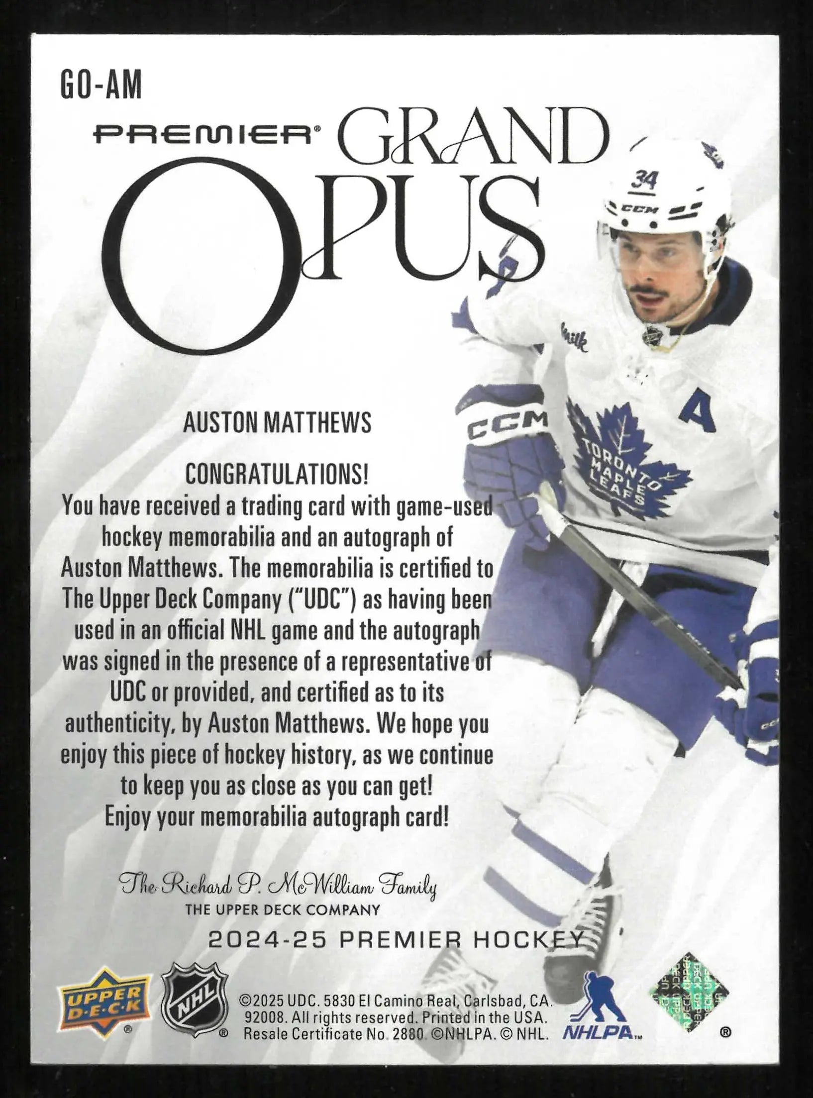 2024-25 UD Premier Hockey Grand Opus Autograph Patch Auston Matthews Auto 1/15 