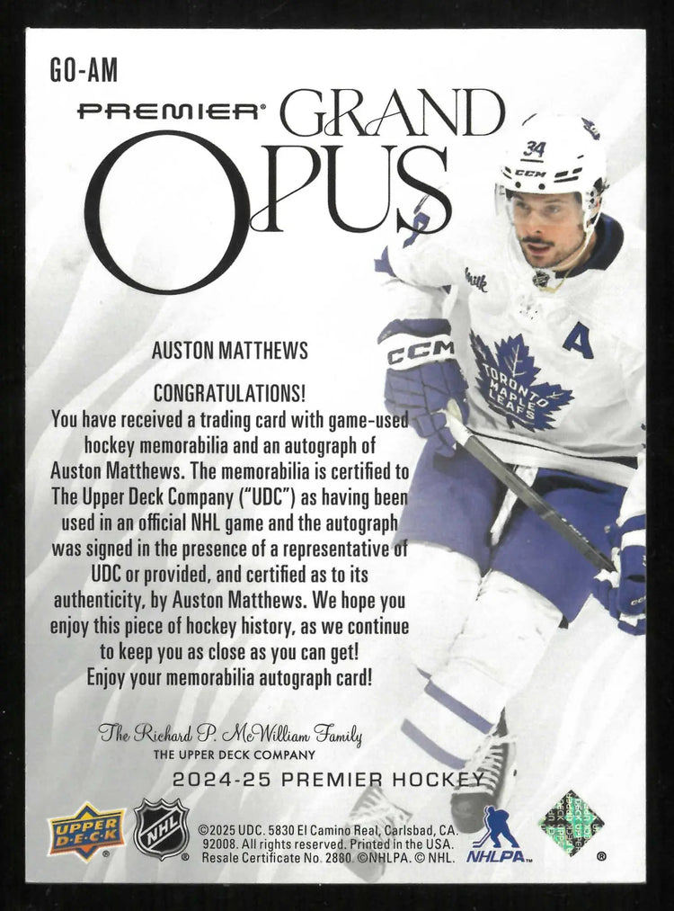 2024-25 UD Premier Hockey Grand Opus Autograph Patch Auston Matthews Auto 1/15 