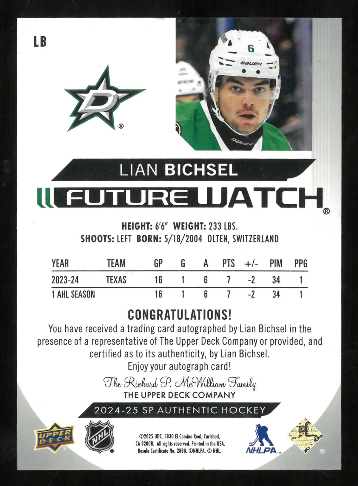 2024-25 UD SP Authentic Future Watch Autograph Rookie Lian Bichsel RC /999 