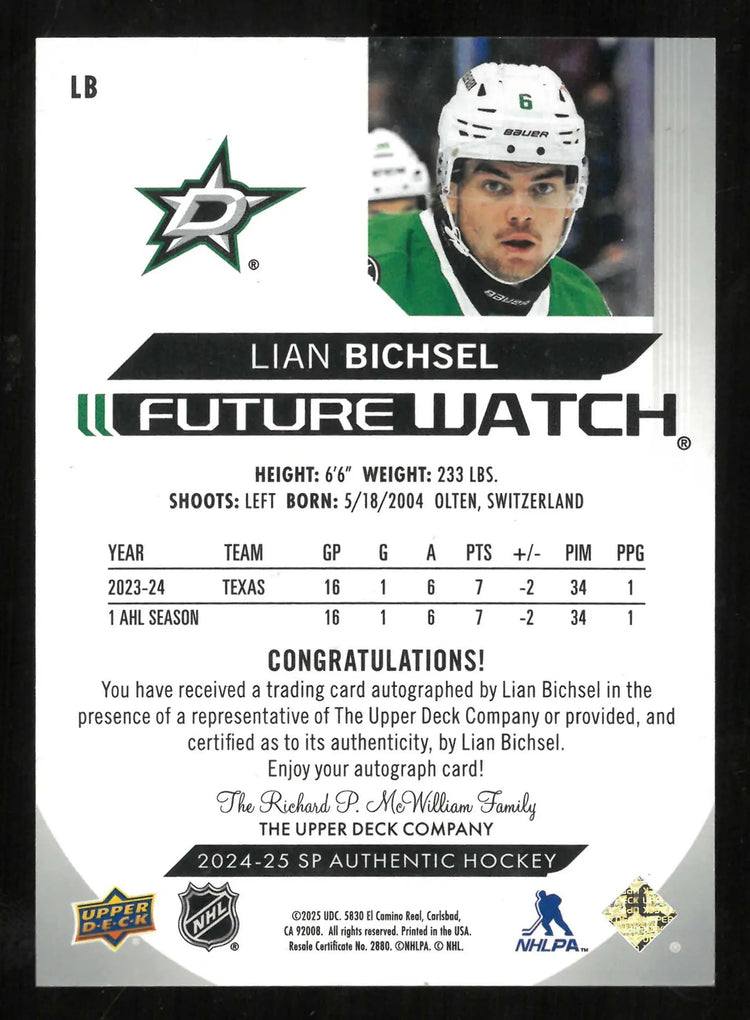 2024-25 UD SP Authentic Future Watch Autograph Rookie Lian Bichsel RC /999 