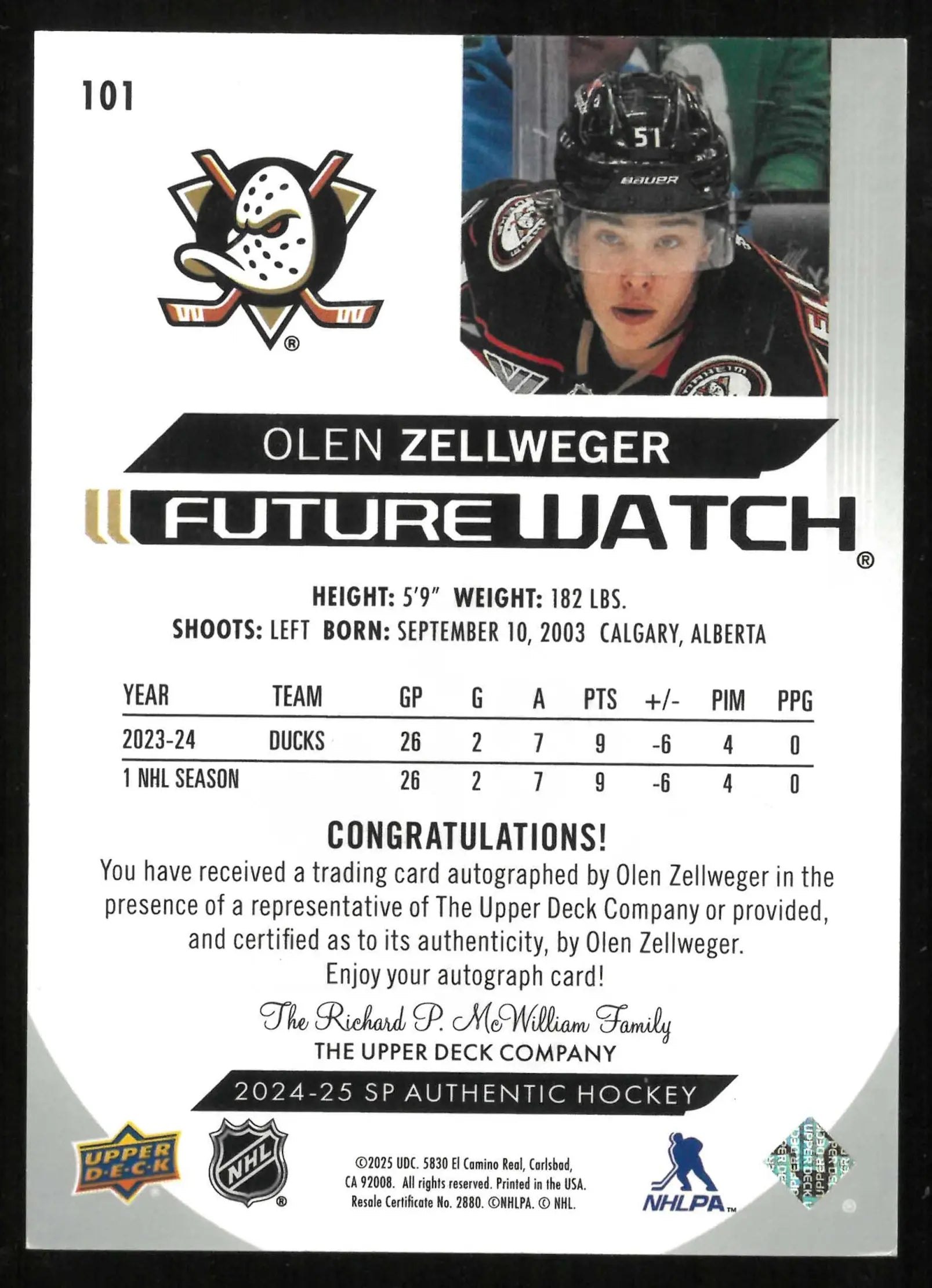 2024-25 UD SP Authentic Future Watch Autograph Rookie Olen Zellweger RC /999 