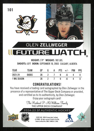 2024-25 UD SP Authentic Future Watch Autograph Rookie Olen Zellweger RC /999 