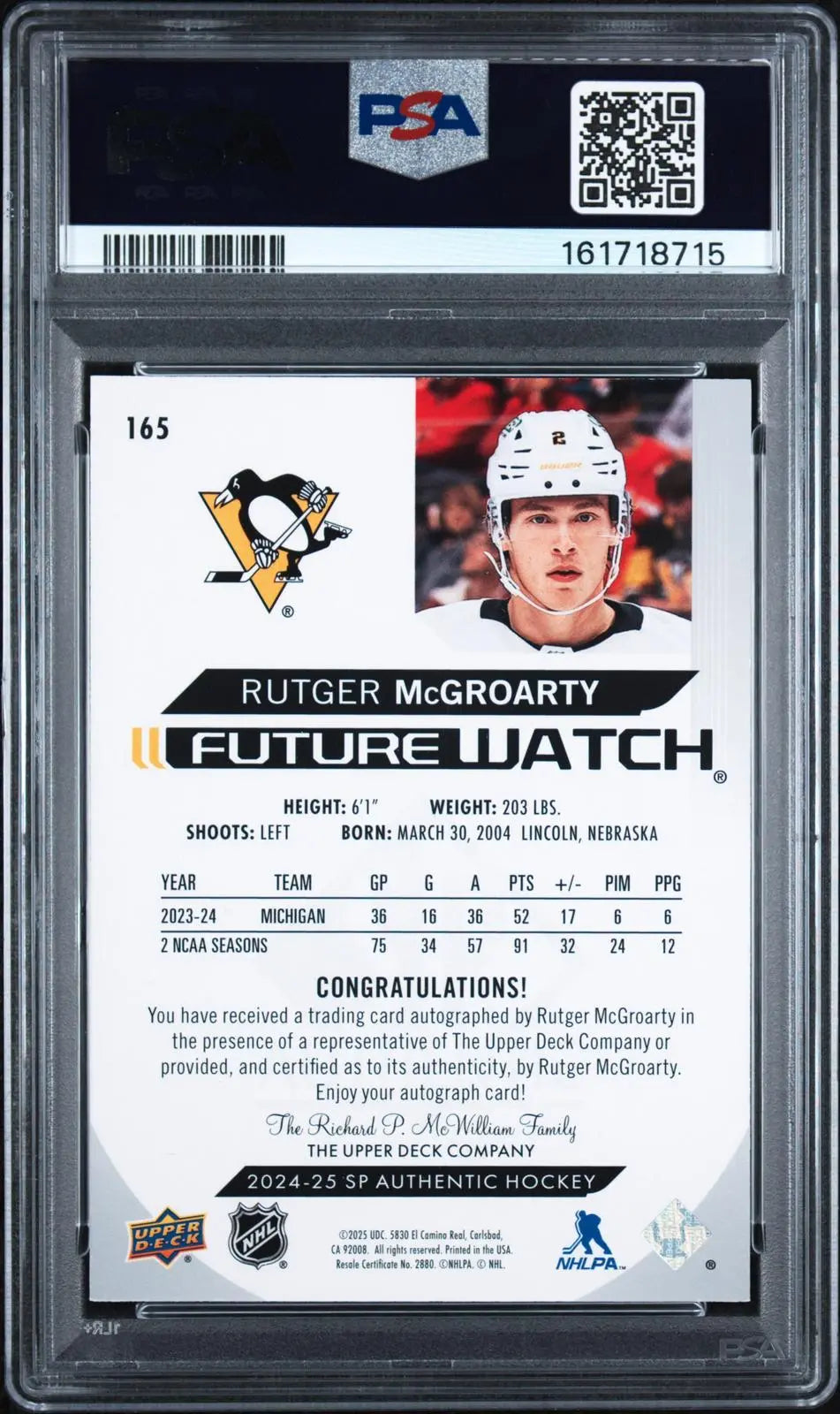 2024-25 UD SP Authentic Future Watch Rookie Auto Rutger McGroarty RC /999 PSA 9 