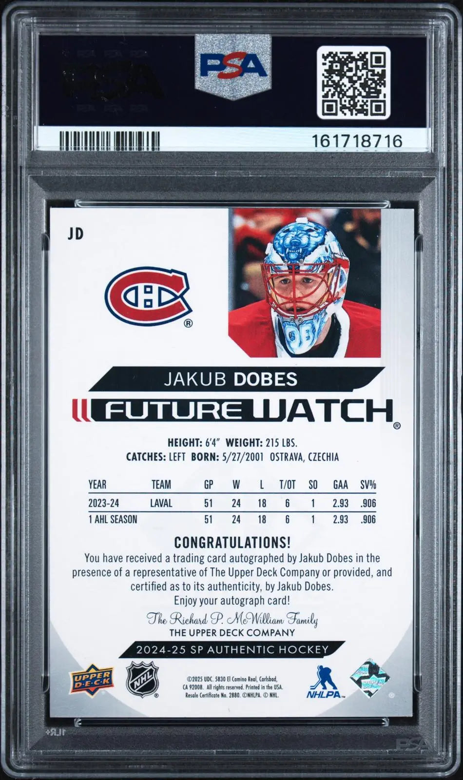 2024-25 UD SP Authentic Future Watch Rookie Autograph Jakub Dobes /999 PSA 9 