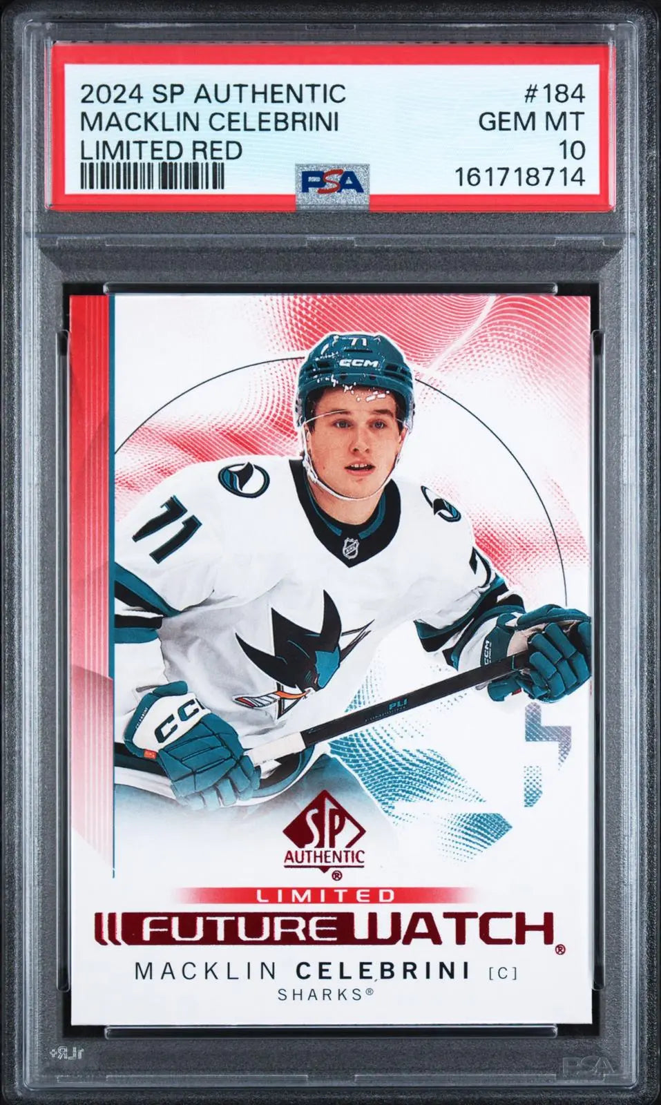 2024-25 UD SP Authentic Future Watch Rookie Macklin Celebrini Limited Red PSA 10 