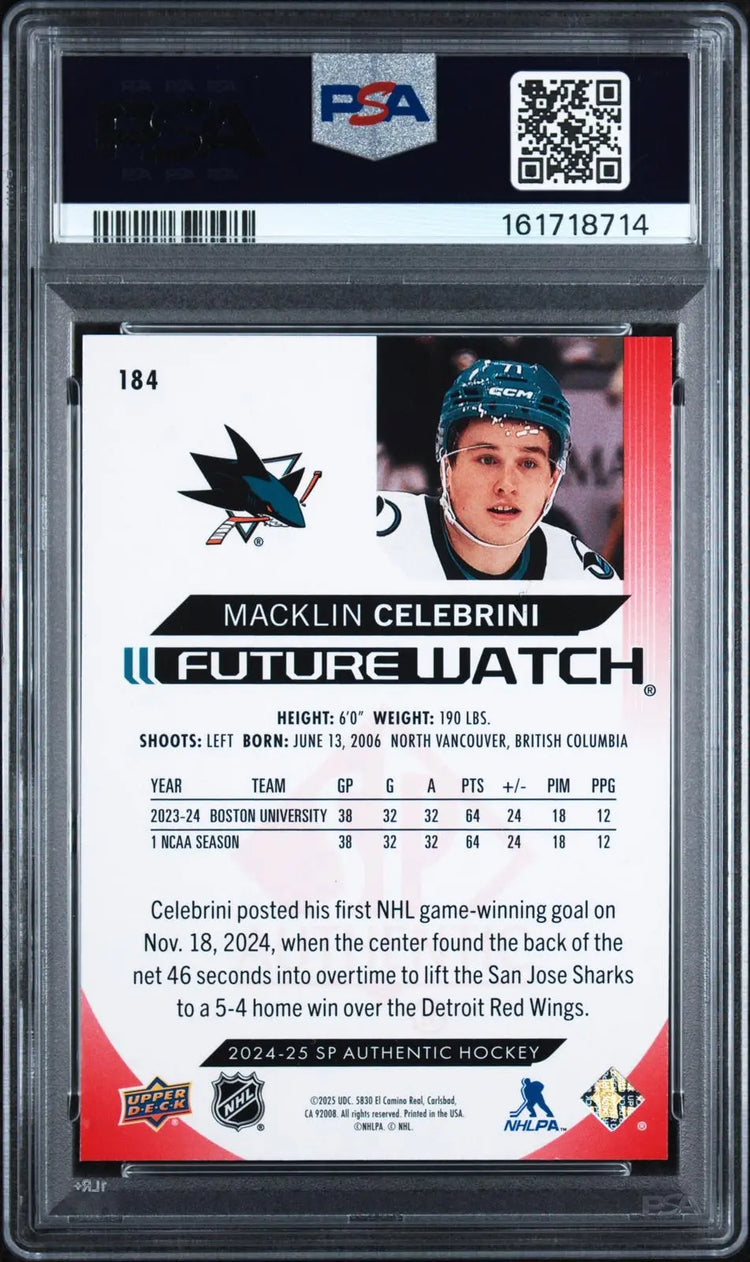 2024-25 UD SP Authentic Future Watch Rookie Macklin Celebrini Limited Red PSA 10 