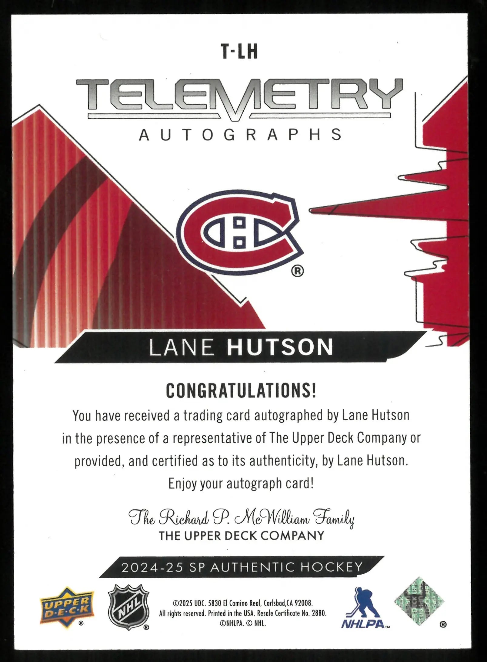 2024-25 UD SP Authentic Hockey Lane Hutson RC Rookie Telemetry Auto 