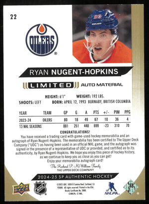 2024-25 UD SP Authentic Limited Ryan Nugent-Hopkins Patch Auto /50 