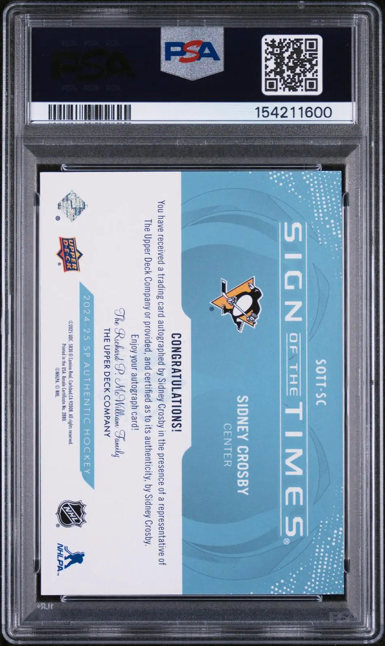 2024-25 UD SP Authentic Sign Of The Times Autographs Sidney Crosby Auto PSA 9 