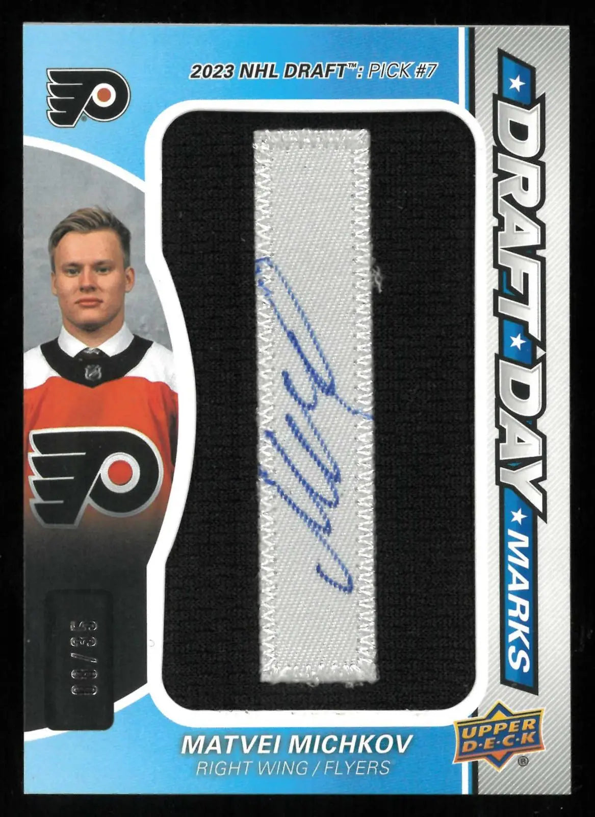 2024-25 UD SP Game Used Draft Day Mark Patch Autograph Matvei Michkov /35 
