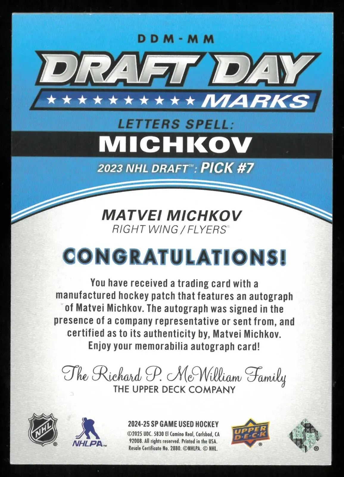 2024-25 UD SP Game Used Draft Day Mark Patch Autograph Matvei Michkov /35 