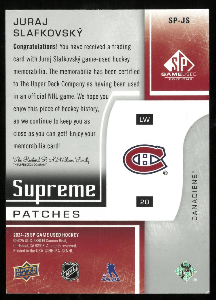 2024-25 UD SP Game Used Juraj Slafkovsky Supreme Tri Color Patch /15 