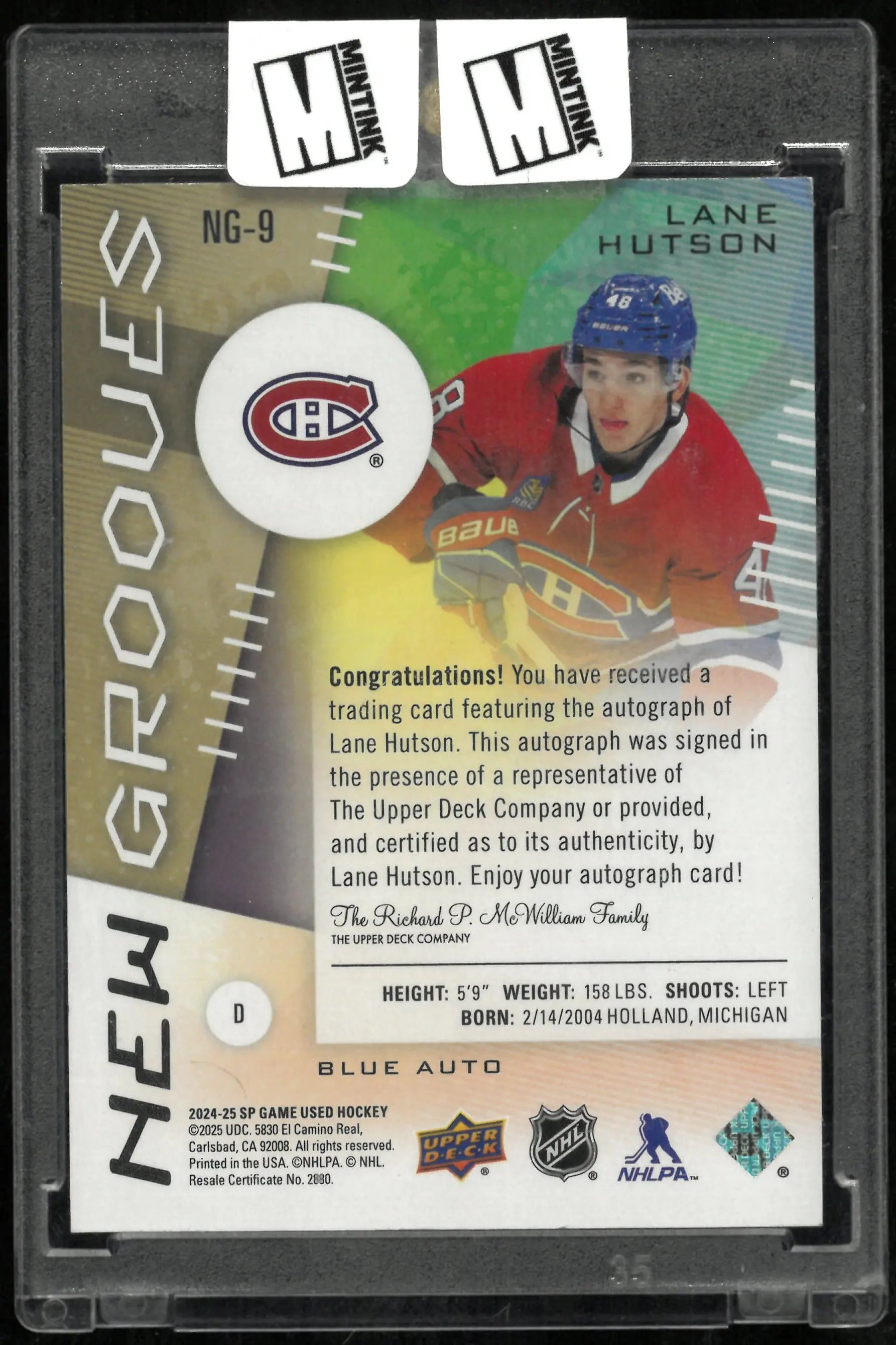 2024-25 UD SP Game Used Lane Hutson RC Rookie New Grooves Blue Auto 