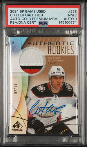2024-25 UD SP Game Used Rookie Auto Patch Cutter Gauthier Gold Premium /10 PSA 7 