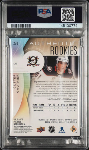 2024-25 UD SP Game Used Rookie Auto Patch Cutter Gauthier Gold Premium /10 PSA 7 