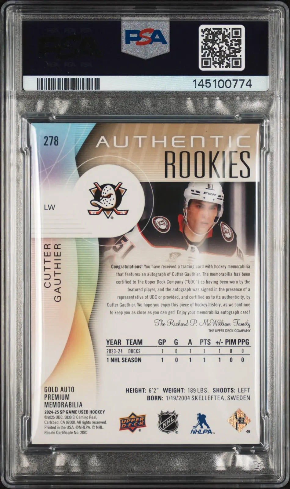 2024-25 UD SP Game Used Rookie Auto Patch Cutter Gauthier Gold Premium /10 PSA 7 