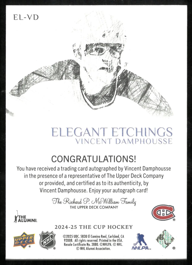2024-25 UD The Cup Elegant Etchings Auto Vincent Damphousse 