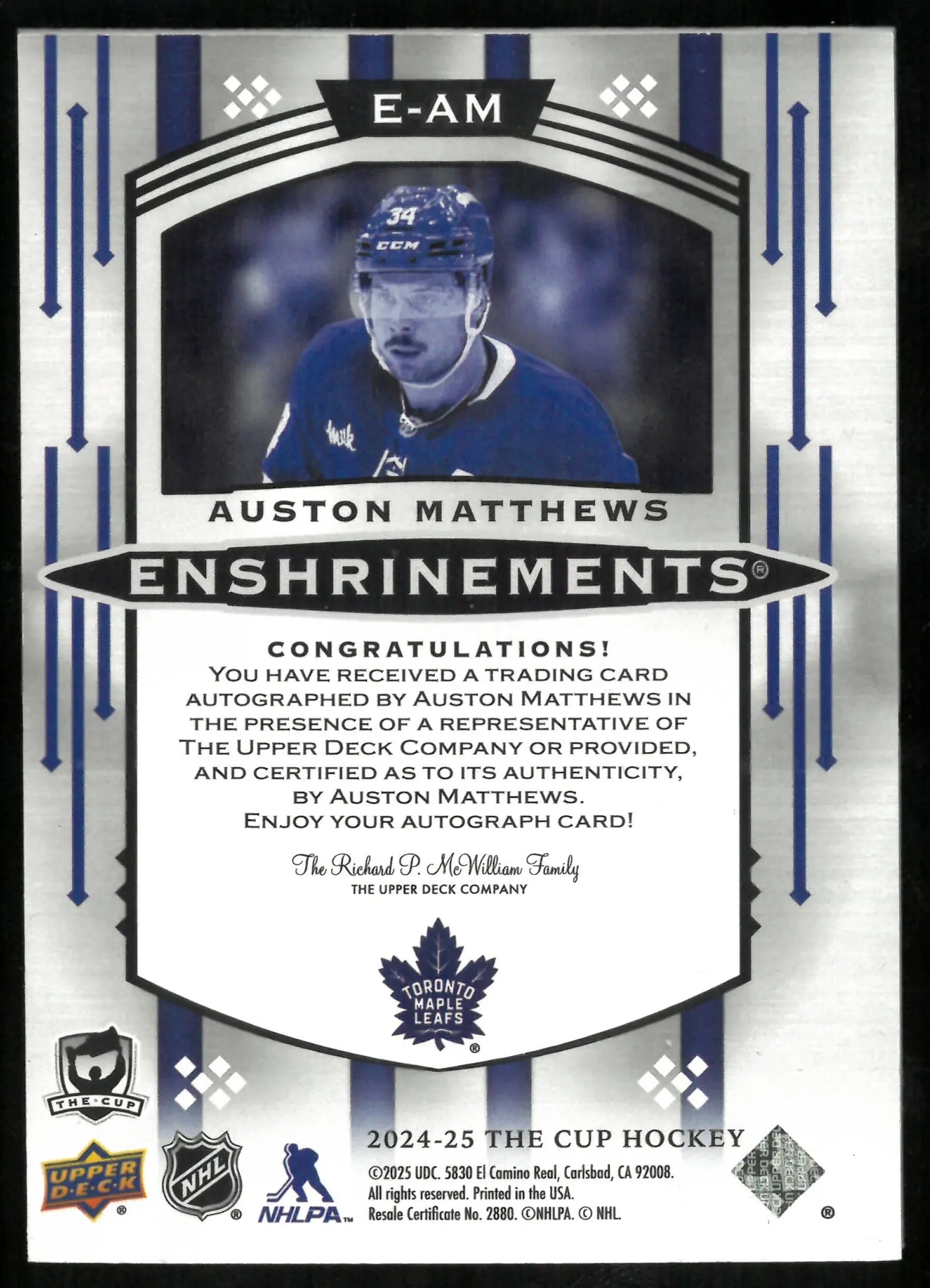2024-25 UD The Cup Enshrinements Auto Auston Matthews /25 
