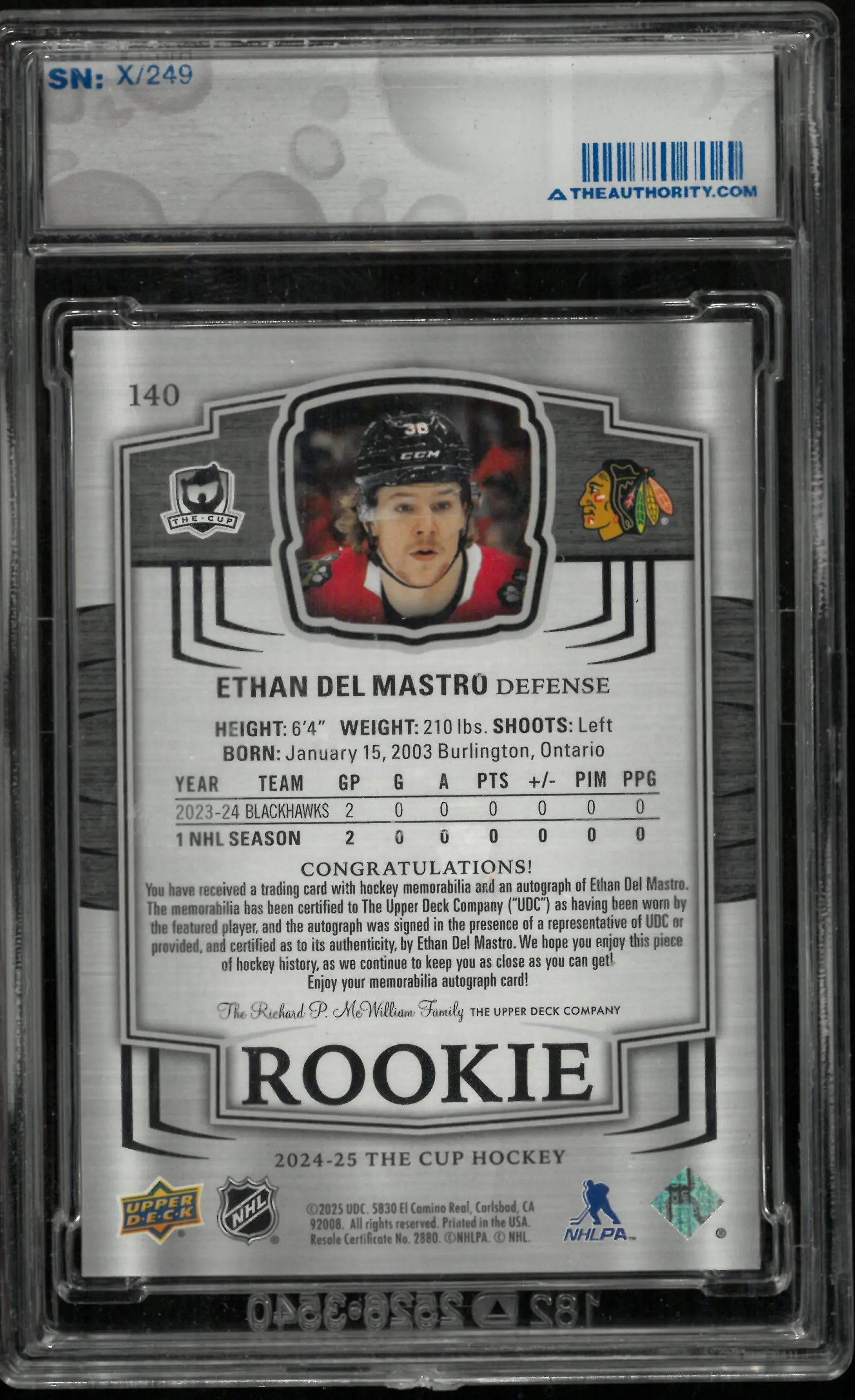 2024-25 UD The Cup Ethan Del Mastro RC Rookie Patch Auto /249 